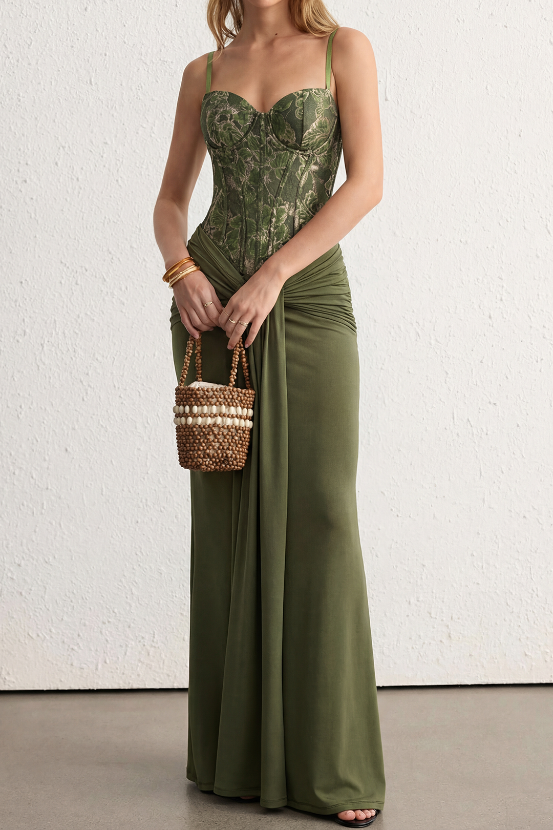 Jacquard Patchwork Ruched Strappy Sleeveless Maxi Dress