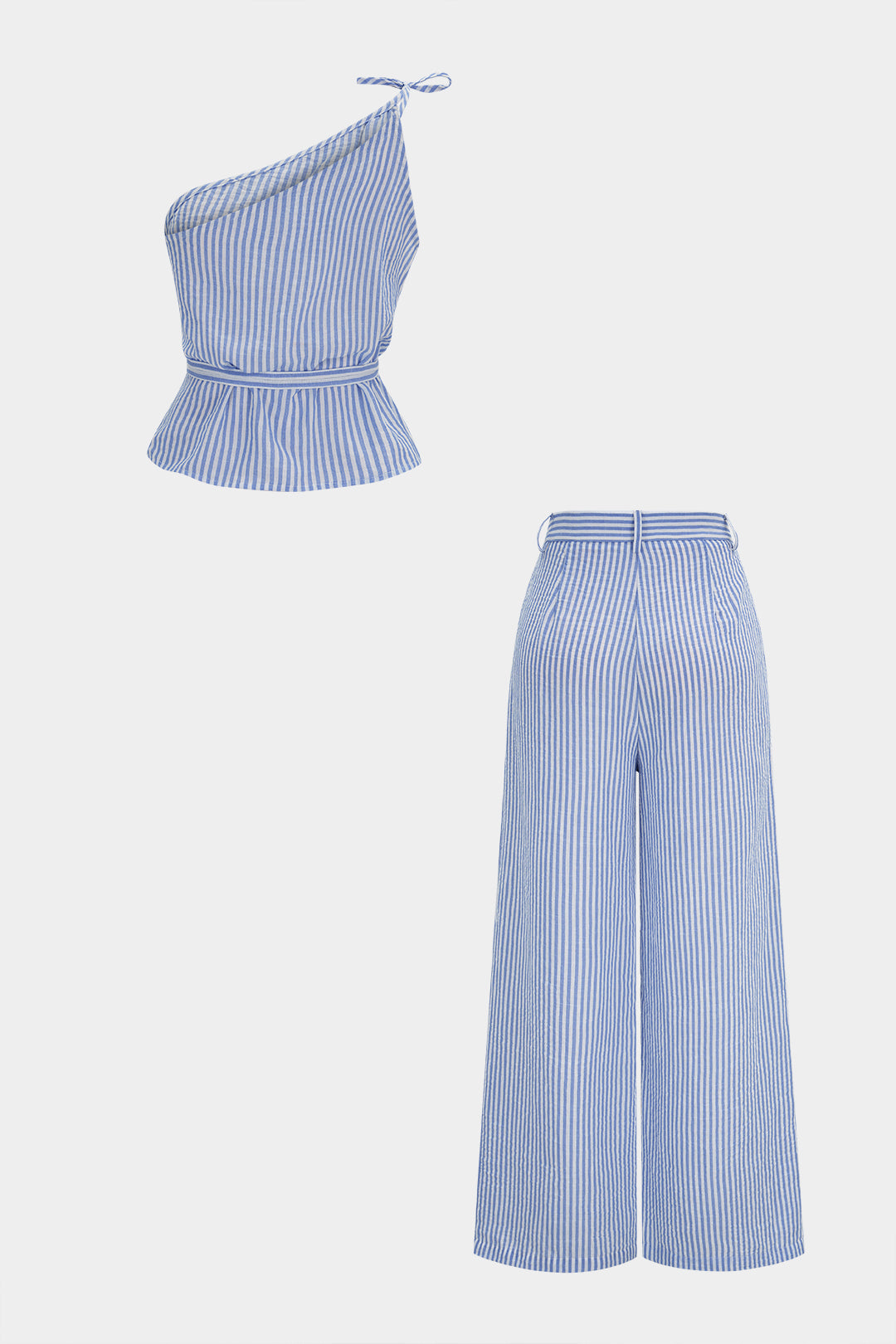 Stripes Print One-Shoulder Tie-Up Cami Top And High Waist Wide Leg Pants Set