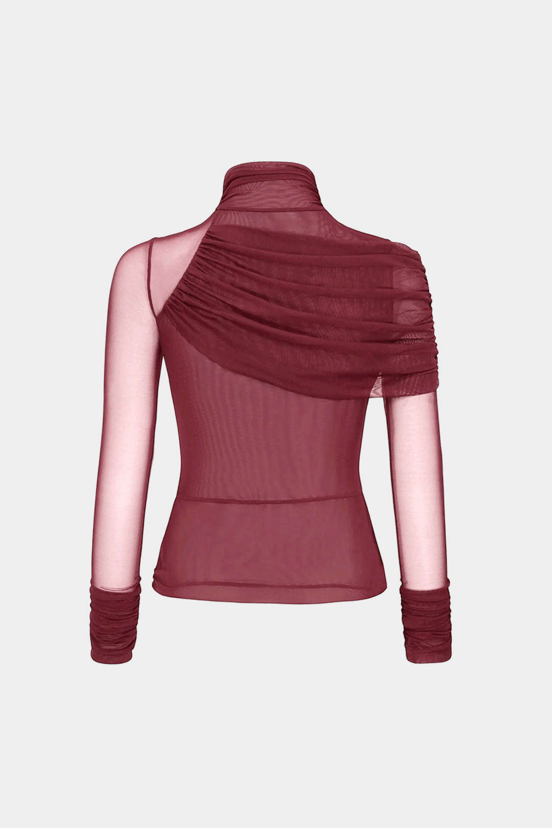 Mesh-Rollkragen-Top mit Raffung und asymmetrischen langen Ärmeln