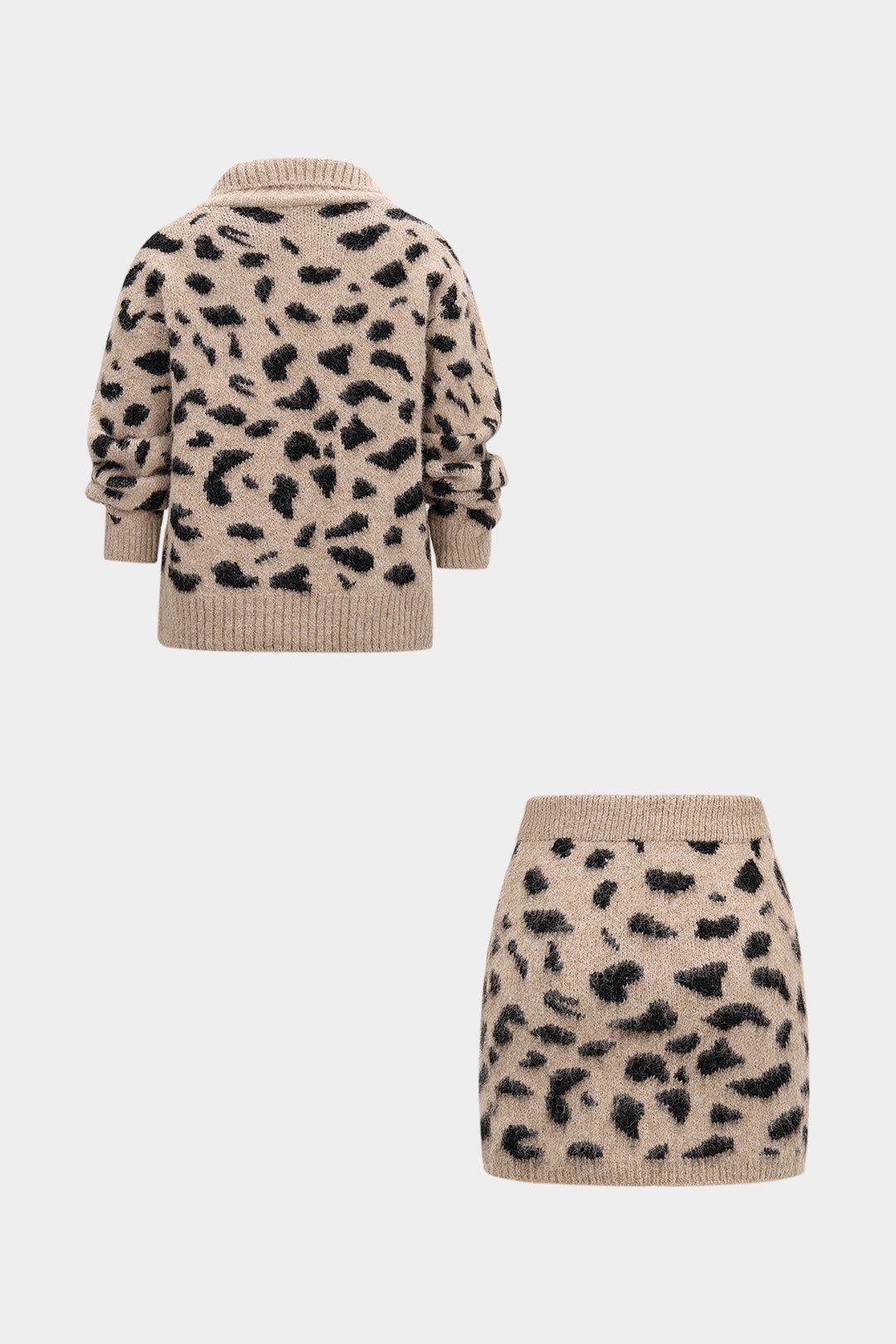 Strick-Leopardenmuster-Cardigan mit Knöpfen und Minirock-Set
