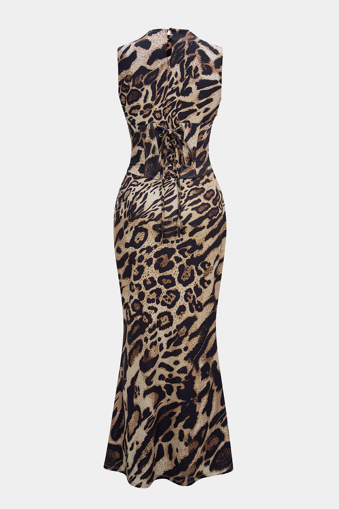 Maxikleid mit Leopardenmuster, Stehkragen, Neckholder und Korsett-Oberteil