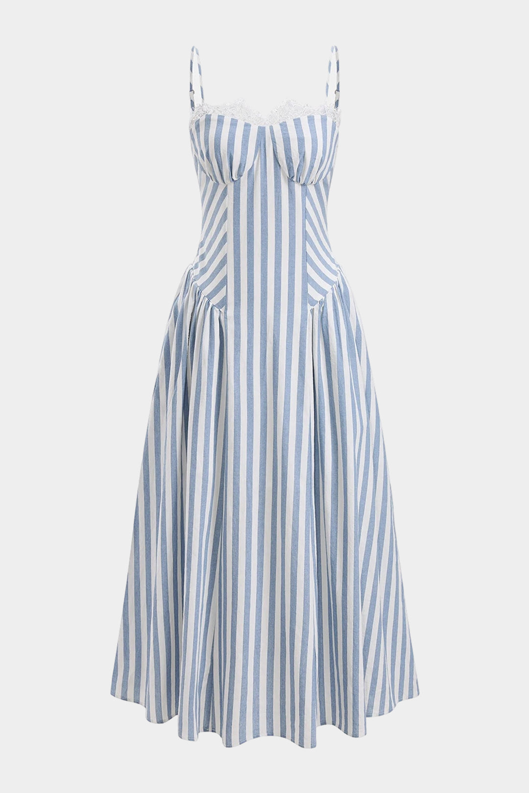Gestreiftes ärmelloses Maxikleid mit Spitzenbesatz und Patchwork