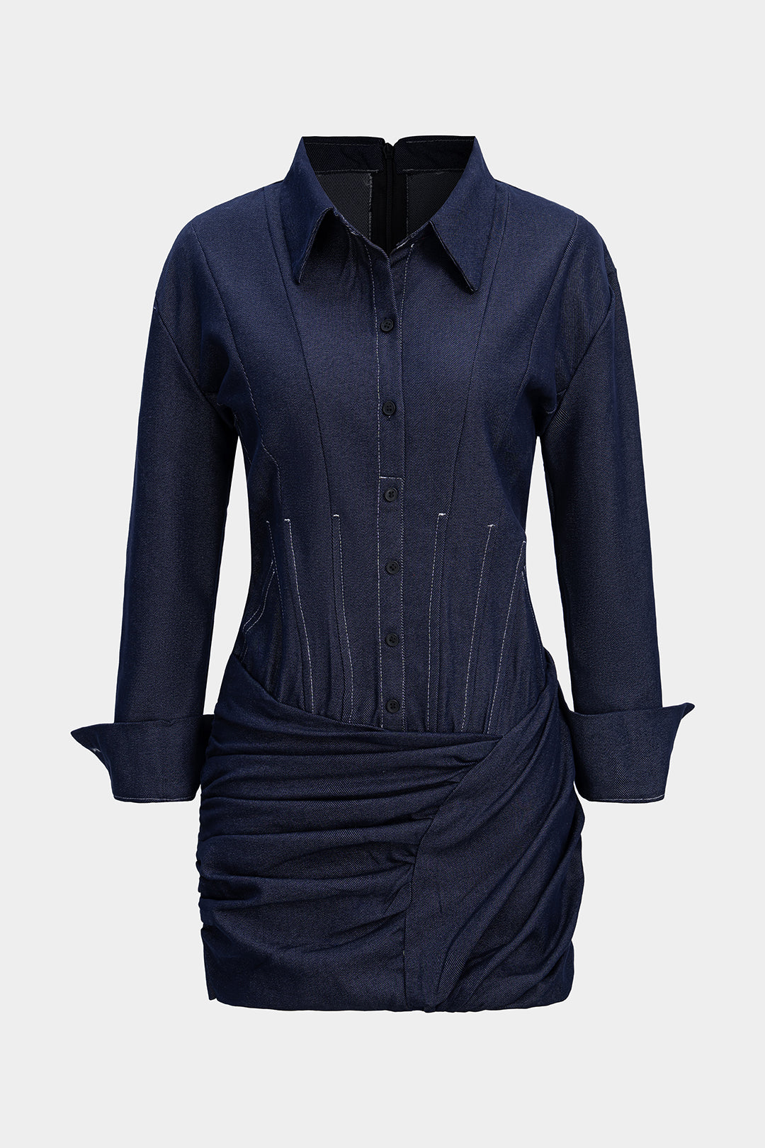 Gerüschtes asymmetrisches Jeans-Minikleid mit langen Ärmeln
