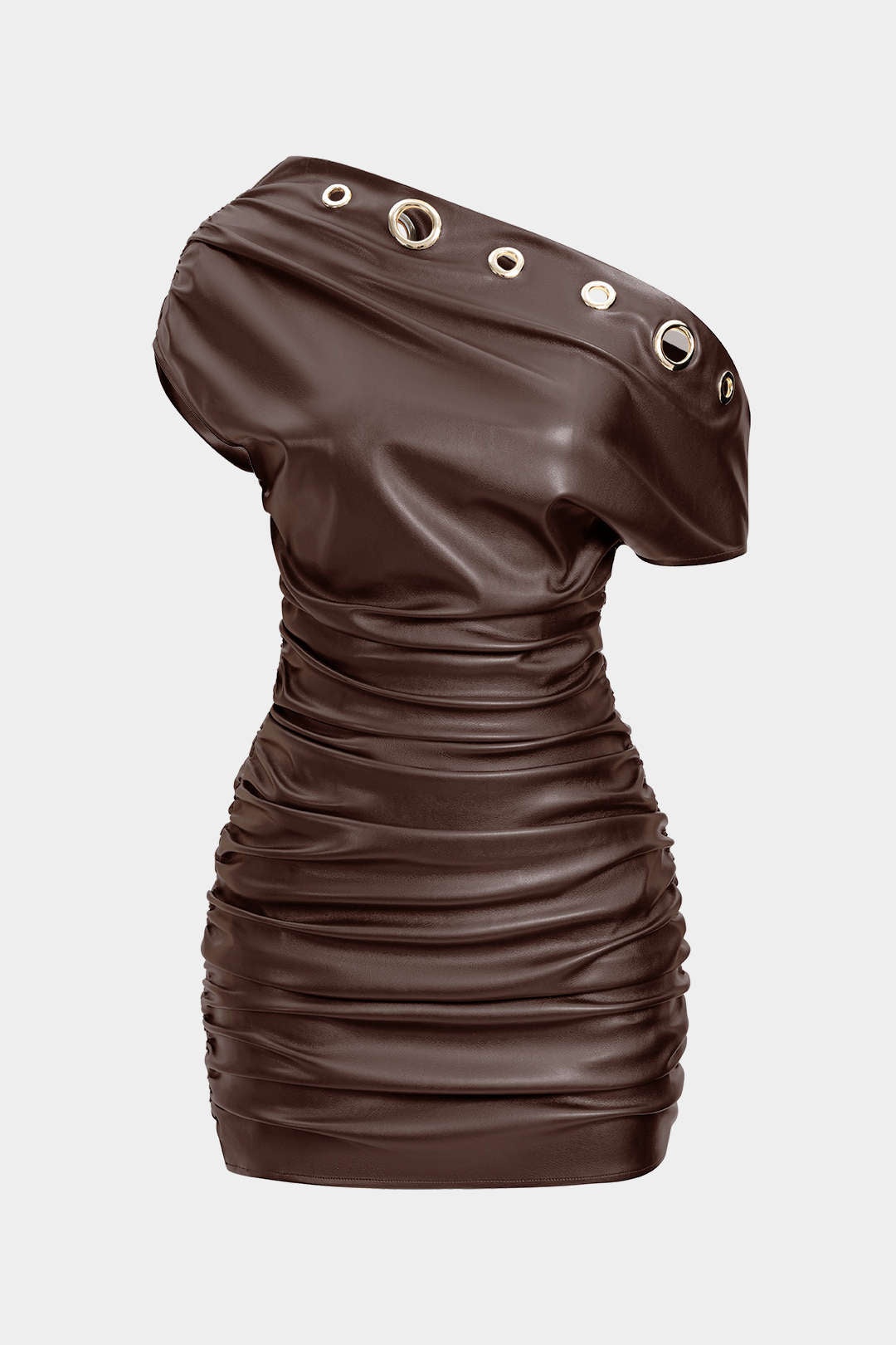 Minikleid aus Kunstleder mit metallischen Ösen und geraffter One-Shoulder-Partie