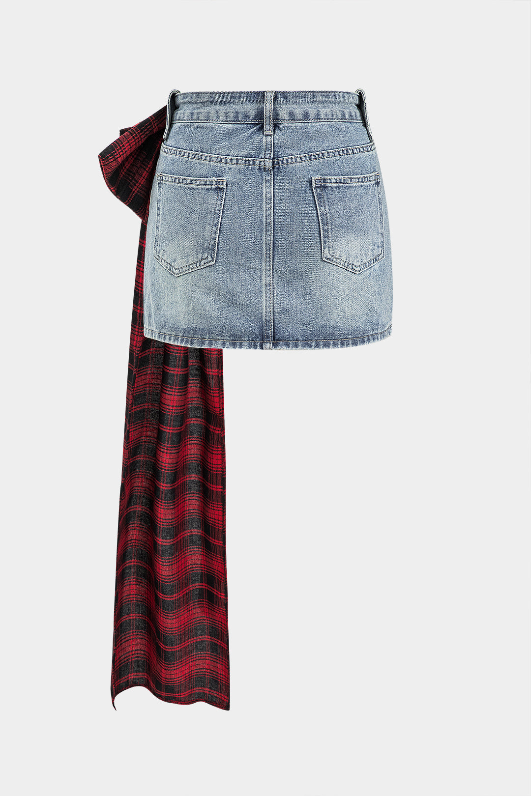 Jupe courte à nouer en jean patchwork avec nœud