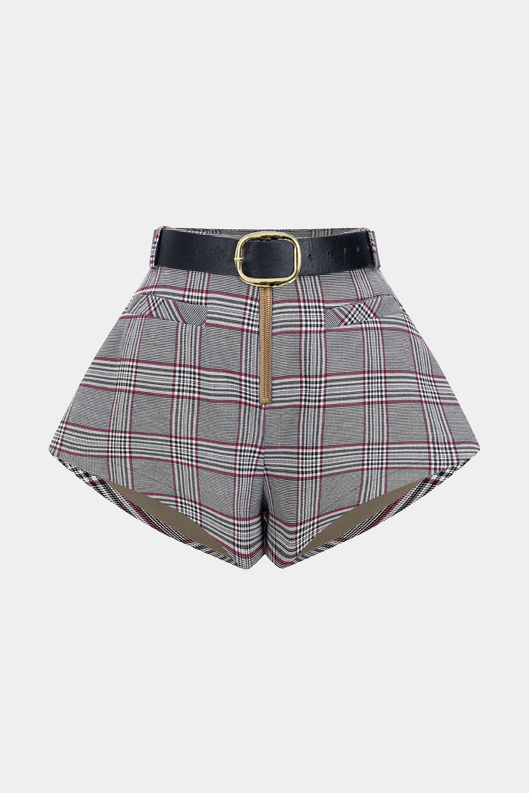 Karierte Shorts mit Gürtel und Reißverschluss