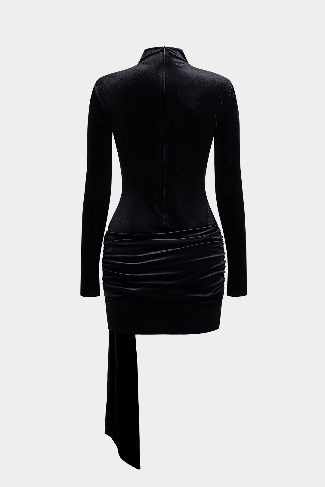 Mini-Samtkleid mit gerafftem Reißverschluss, langen Ärmeln und Stehkragen
