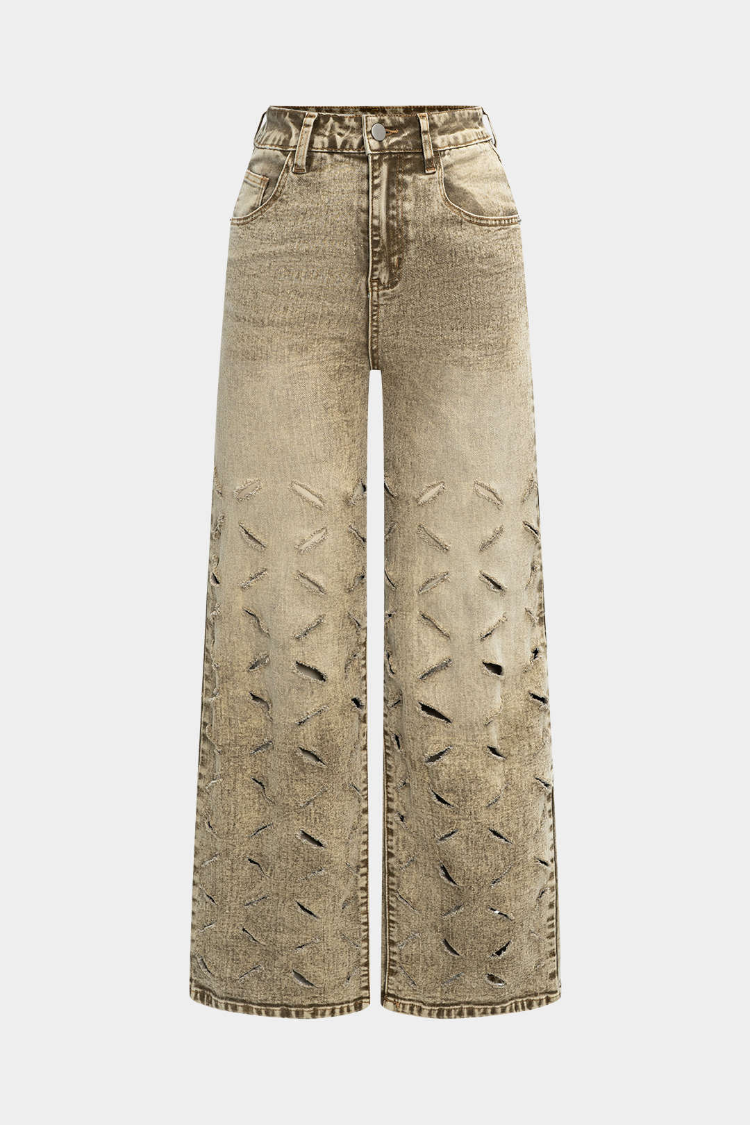 Ripped Cut Out Button Pocket Wide Leg Jeans