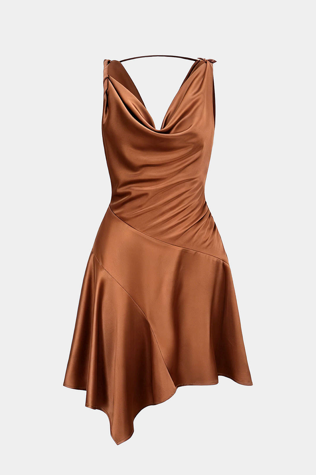 Satiniertes, drapiertes Minikleid mit Wasserfallausschnitt, Raffungen und asymmetrischem Schnitt