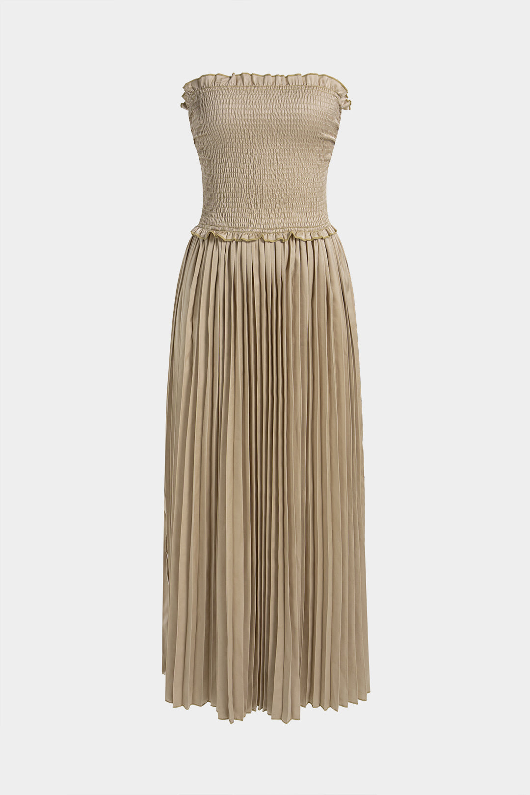 Scallop Edge Pleated Strapless Sleeveless Maxi Dress