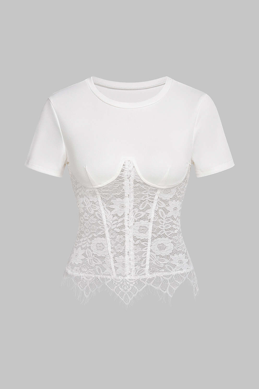 T-shirt à Manches Courtes Rondes avec Patchwork en Dentelle