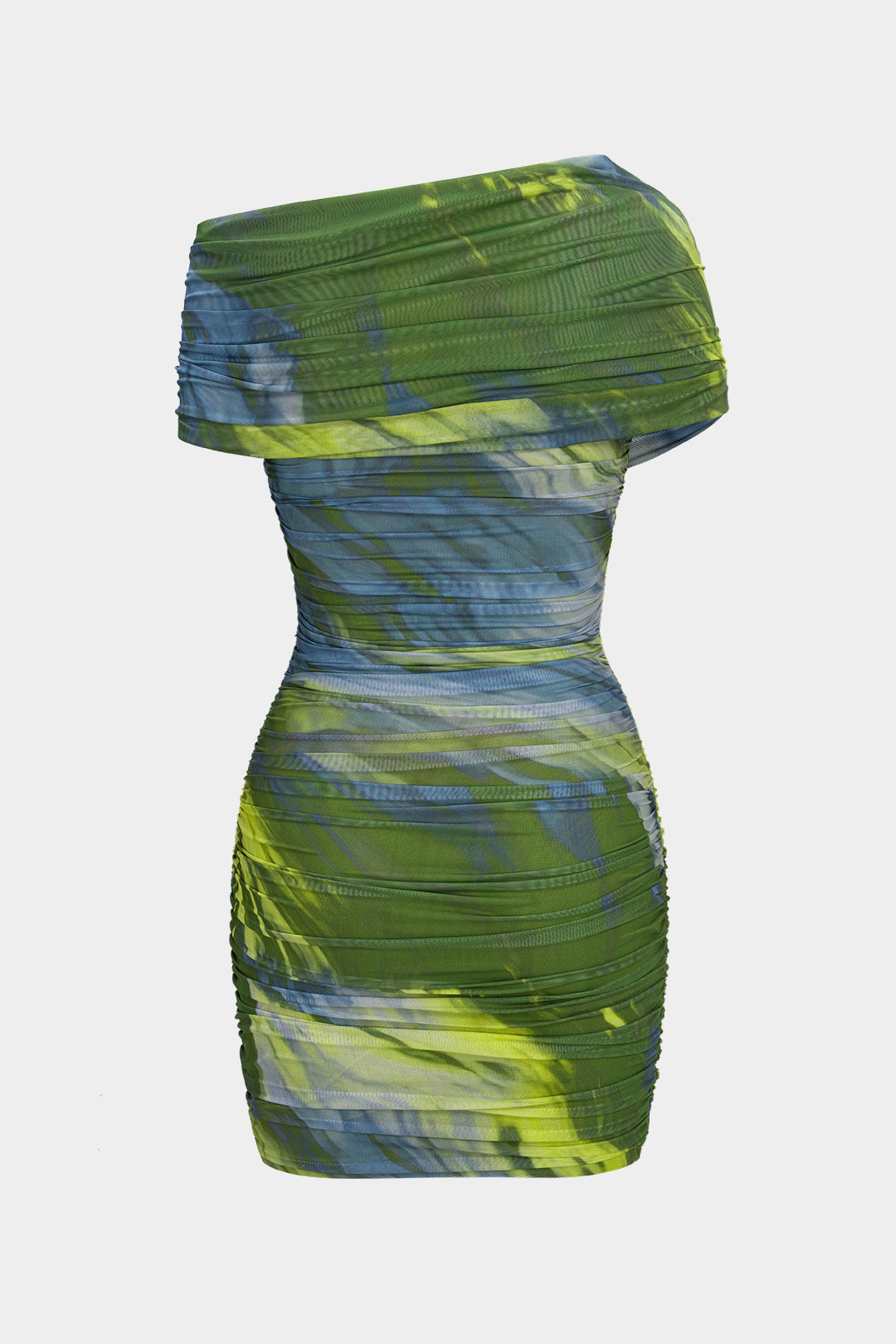 Watercolor Print Mesh Crossed Ruched Short Sleeve Mini Dress