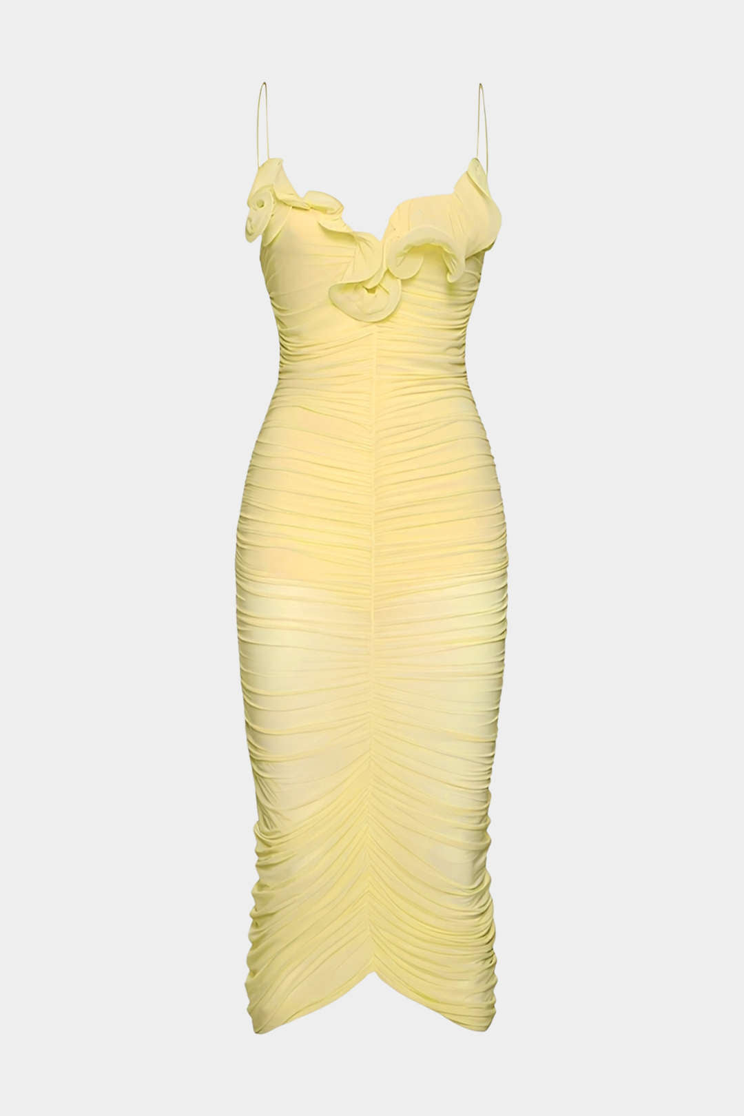 Ärmelloses Midi-Kleid mit Muschelsaum und Raffungen aus Mesh