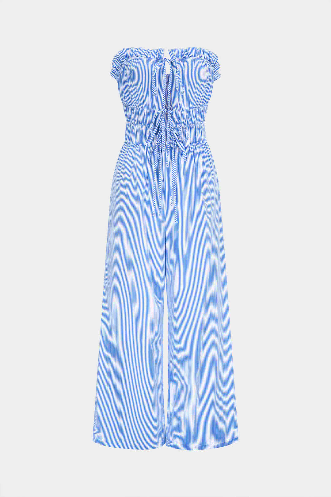 Stripes Print Scallop Edge Tie-Up Wide Leg Sleeveless Jumpsuit