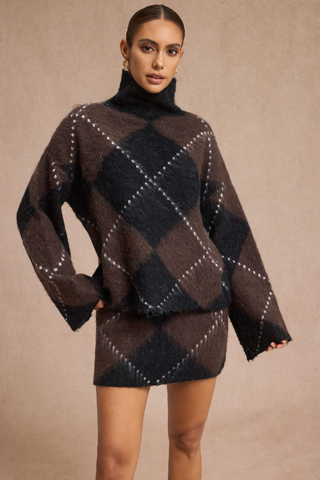 Knit Argyle Print High Neck Long-Sleeve Top