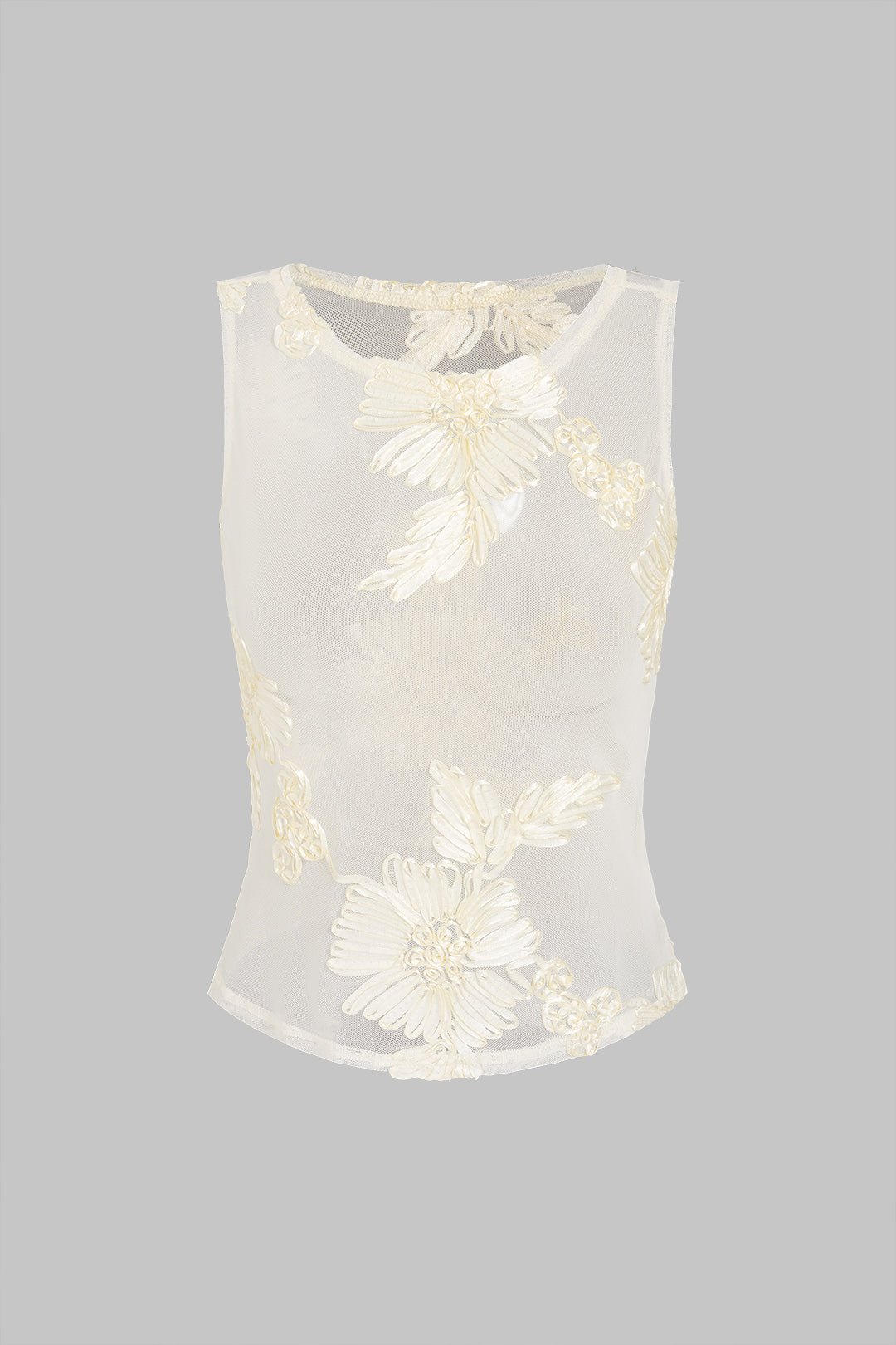 T-shirt sans manches brodé en maille transparente