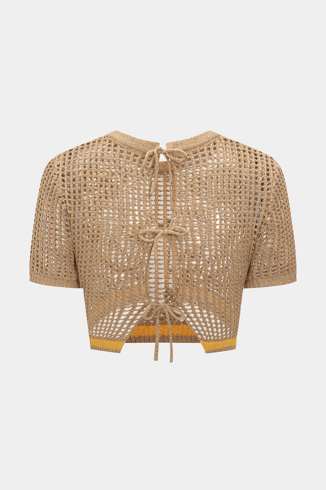 Open Knit 3D Embroidery Print Contrast Tie Back Short-Sleeve Top
