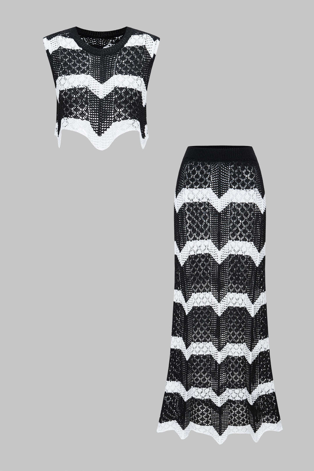 Knit Contrast Hollow Out Tank Top And Skirt Set