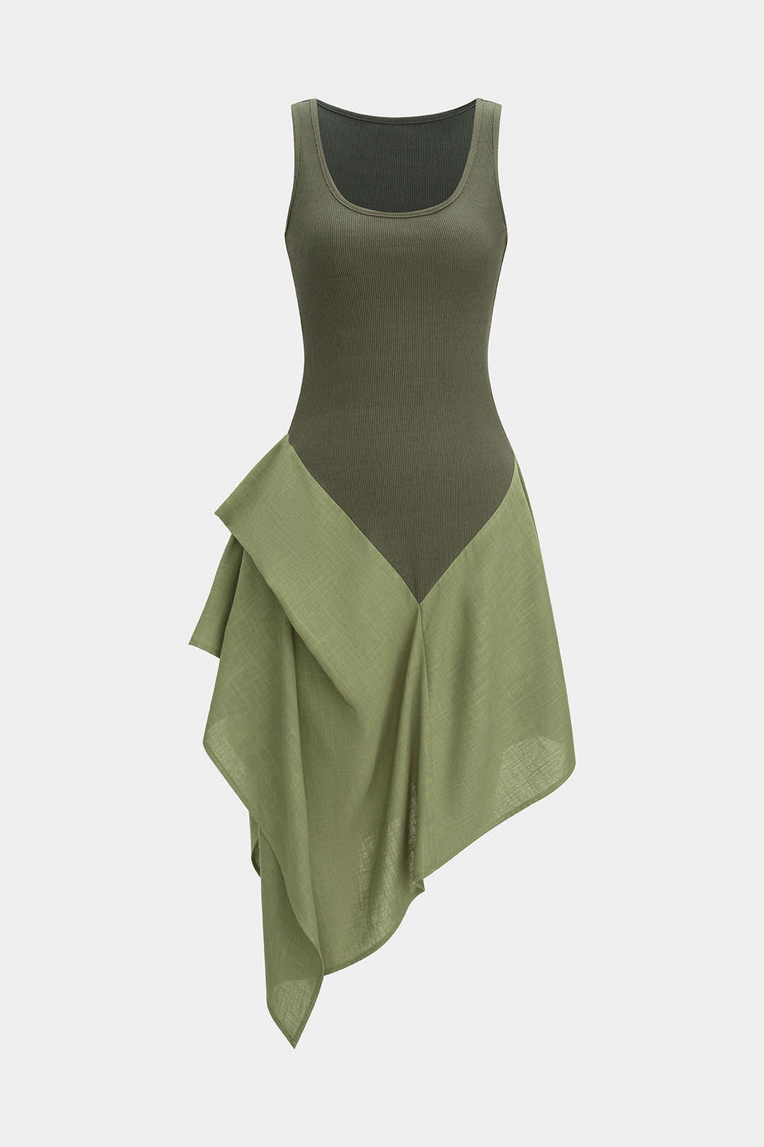 Robe longue sans manches asymétrique froncée en patchwork de lin