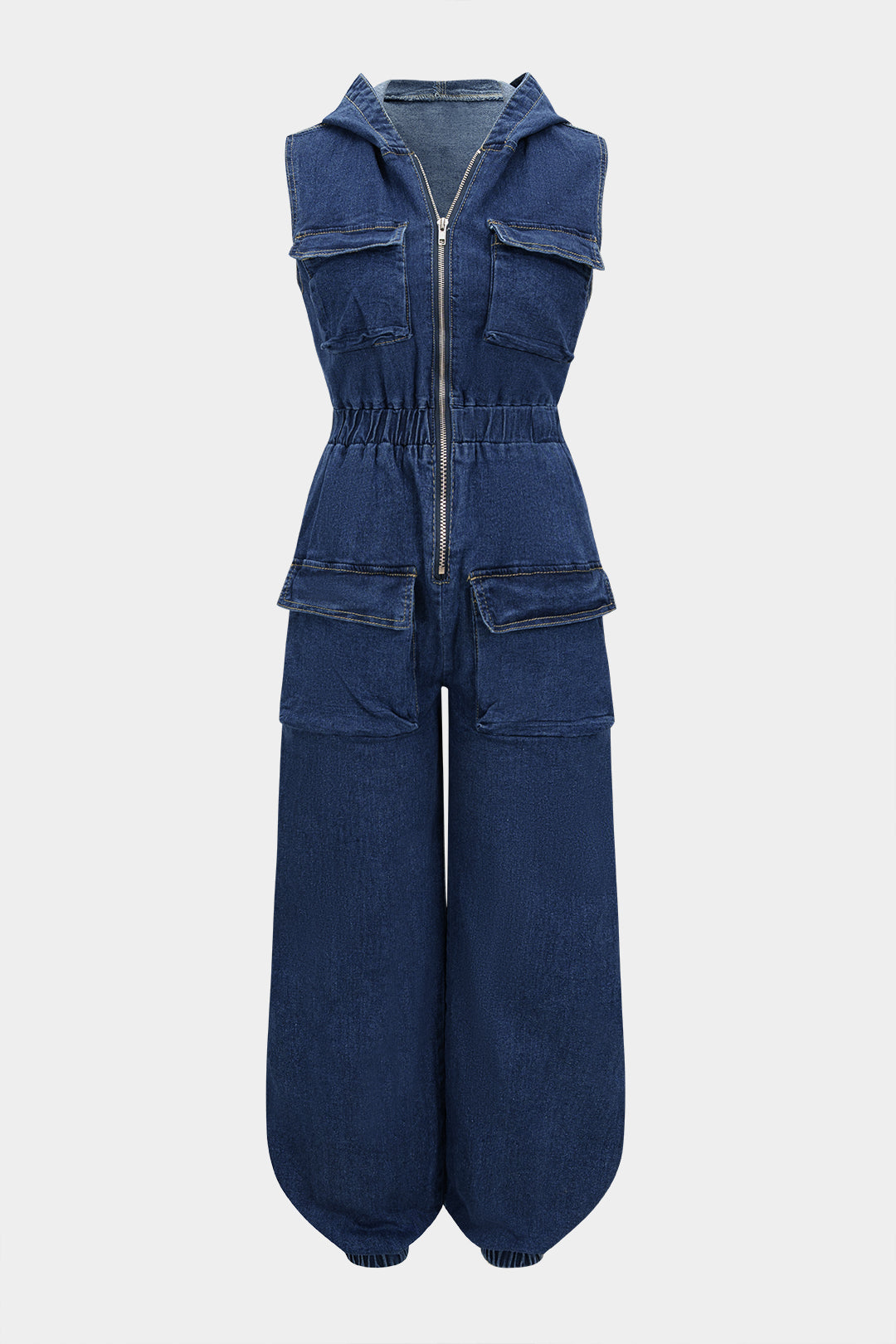 Denim Hooded Shirred Zipper Pocket Sleeveless Jumpsuit