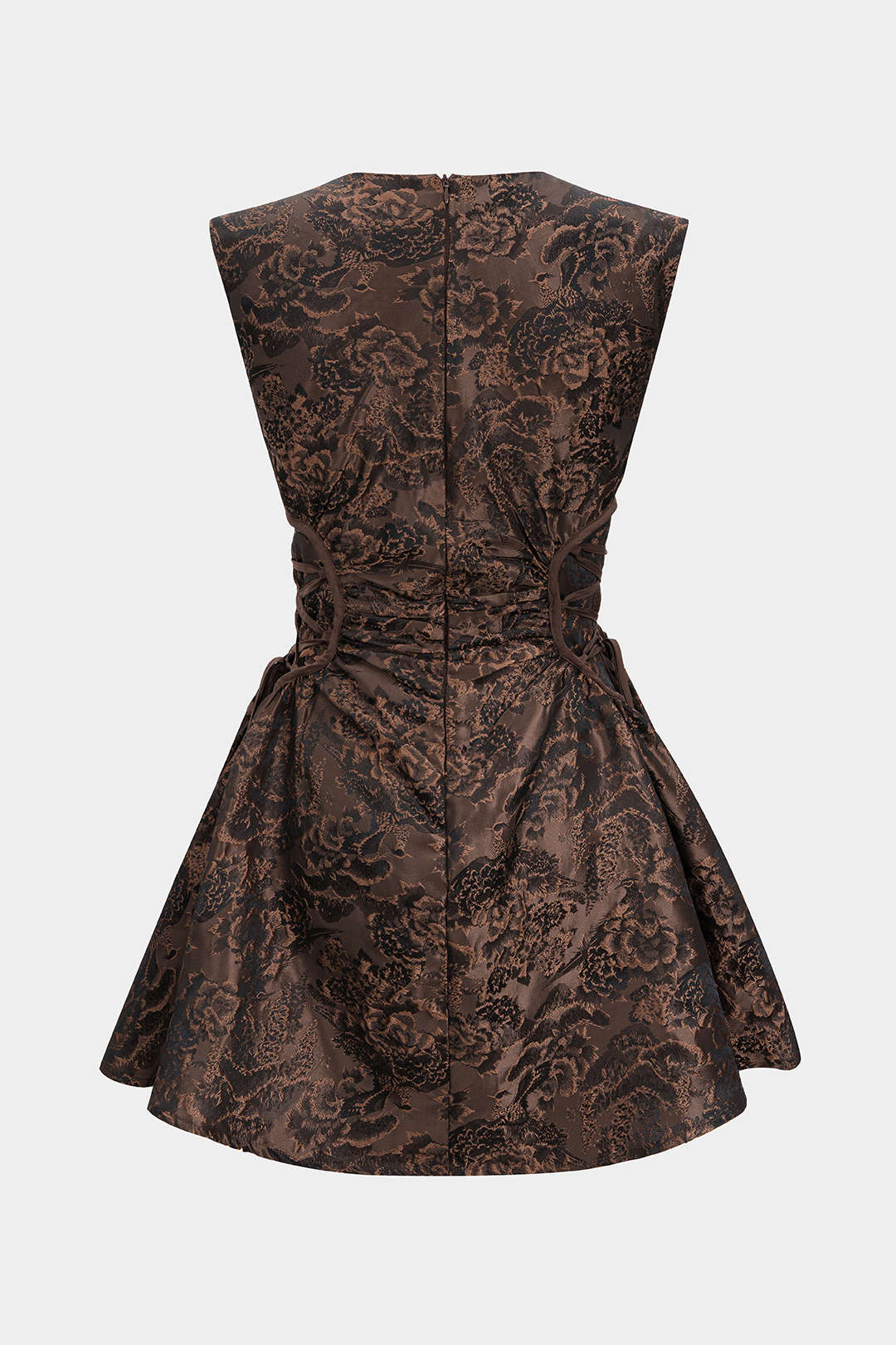 Jacquard Ruched Drawstring V-Neck Zipper Sleeveless Mini Dress