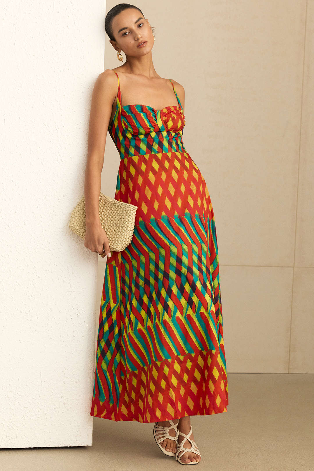 Geometric Print Smocked Slip Sleeveless Maxi Dress