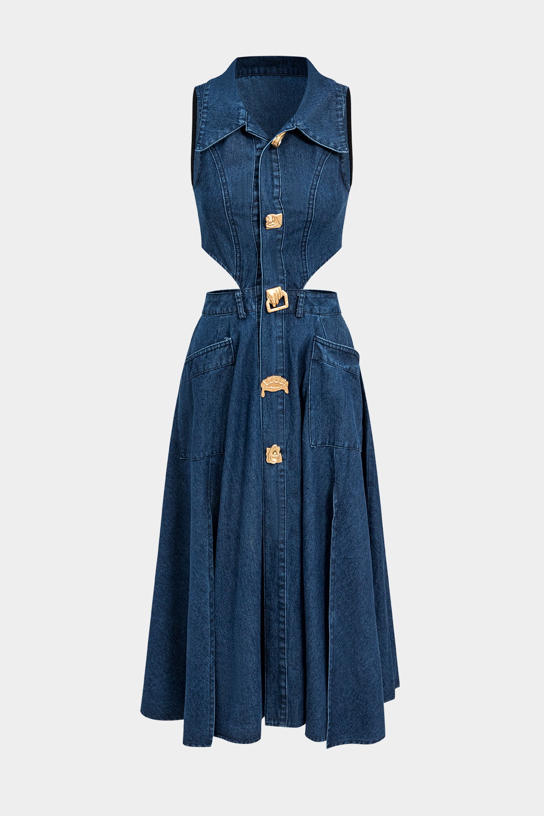 Denim Button Cut Out Midi Dress
