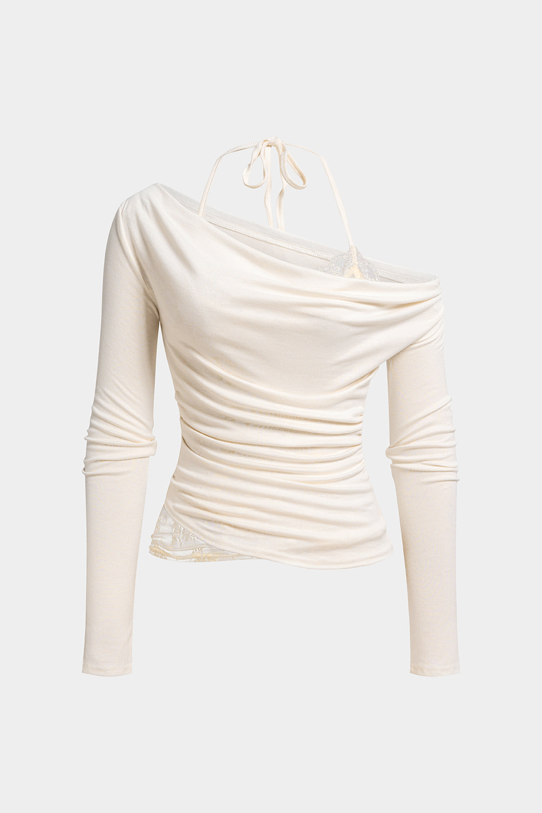 Spitzen-Patchwork-Neckholder-Oberteil mit asymmetrischen langen Ärmeln und Bindebändern
