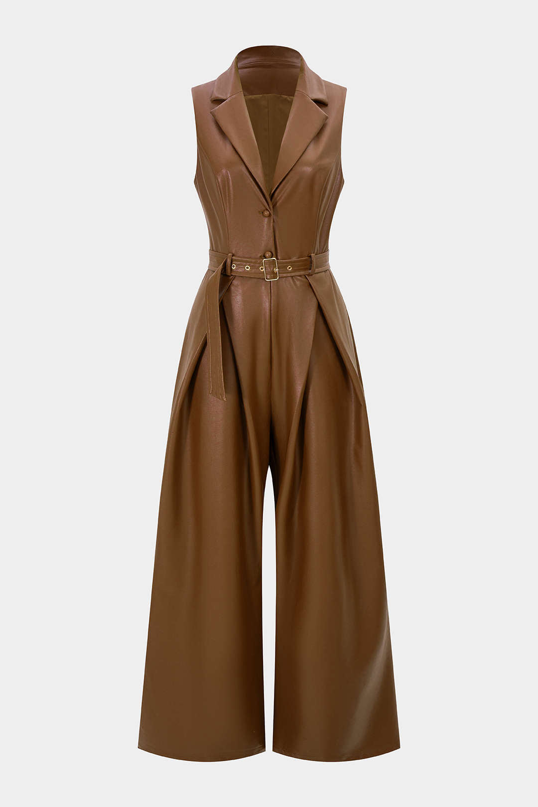 Ärmelloser Jumpsuit aus Kunstleder mit Bindegürtel