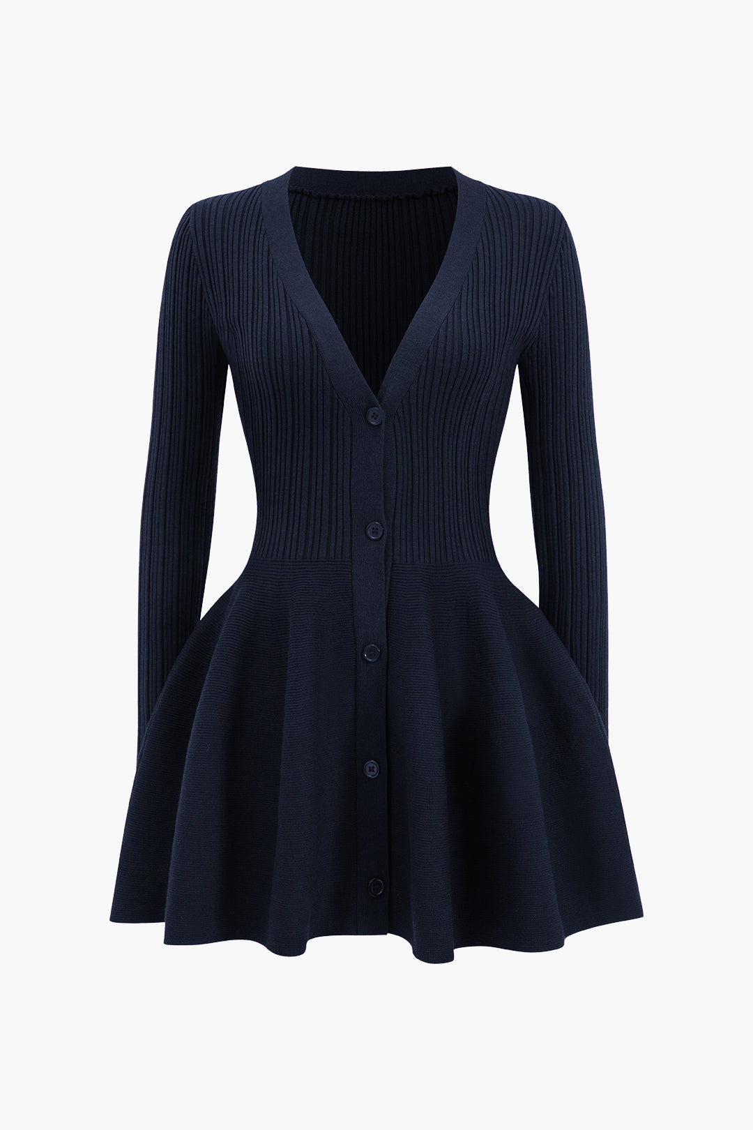 Knit V-Neck Puff Hem Long Sleeve Mini Dress