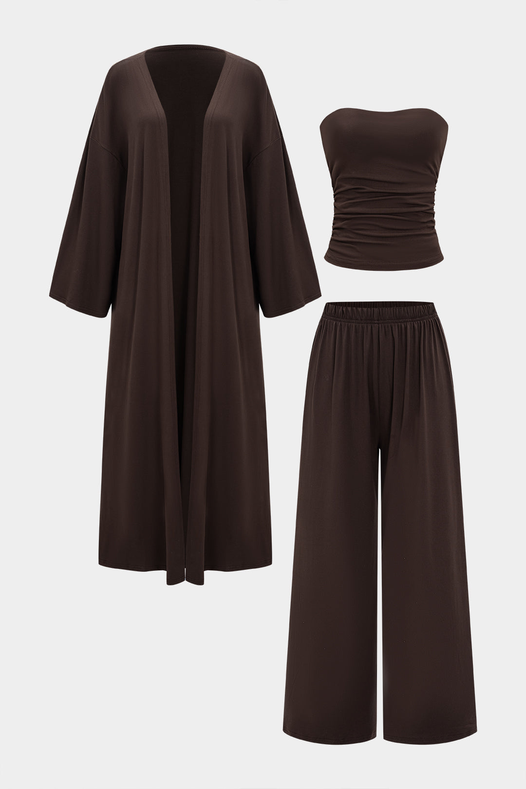 Langes Cardigan-Set mit gerafftem Bandeau-Top und weiter Hose