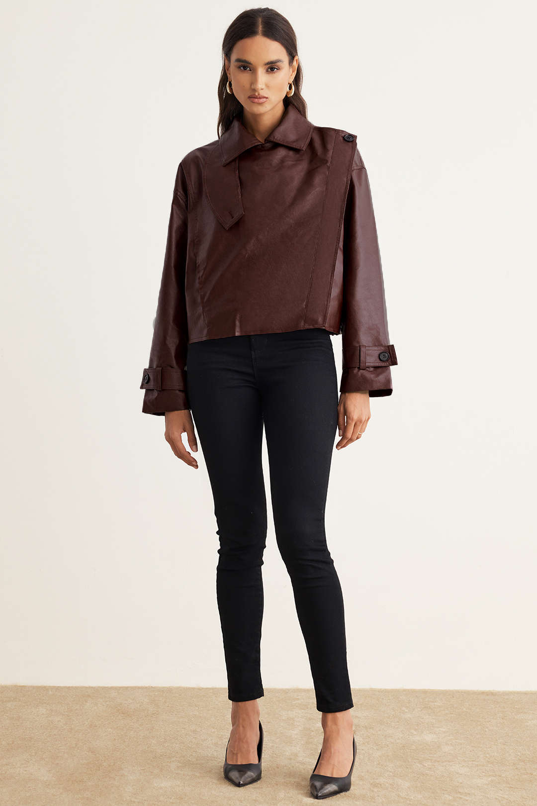 Faux Leather Asymmetrical Cropped Jacket