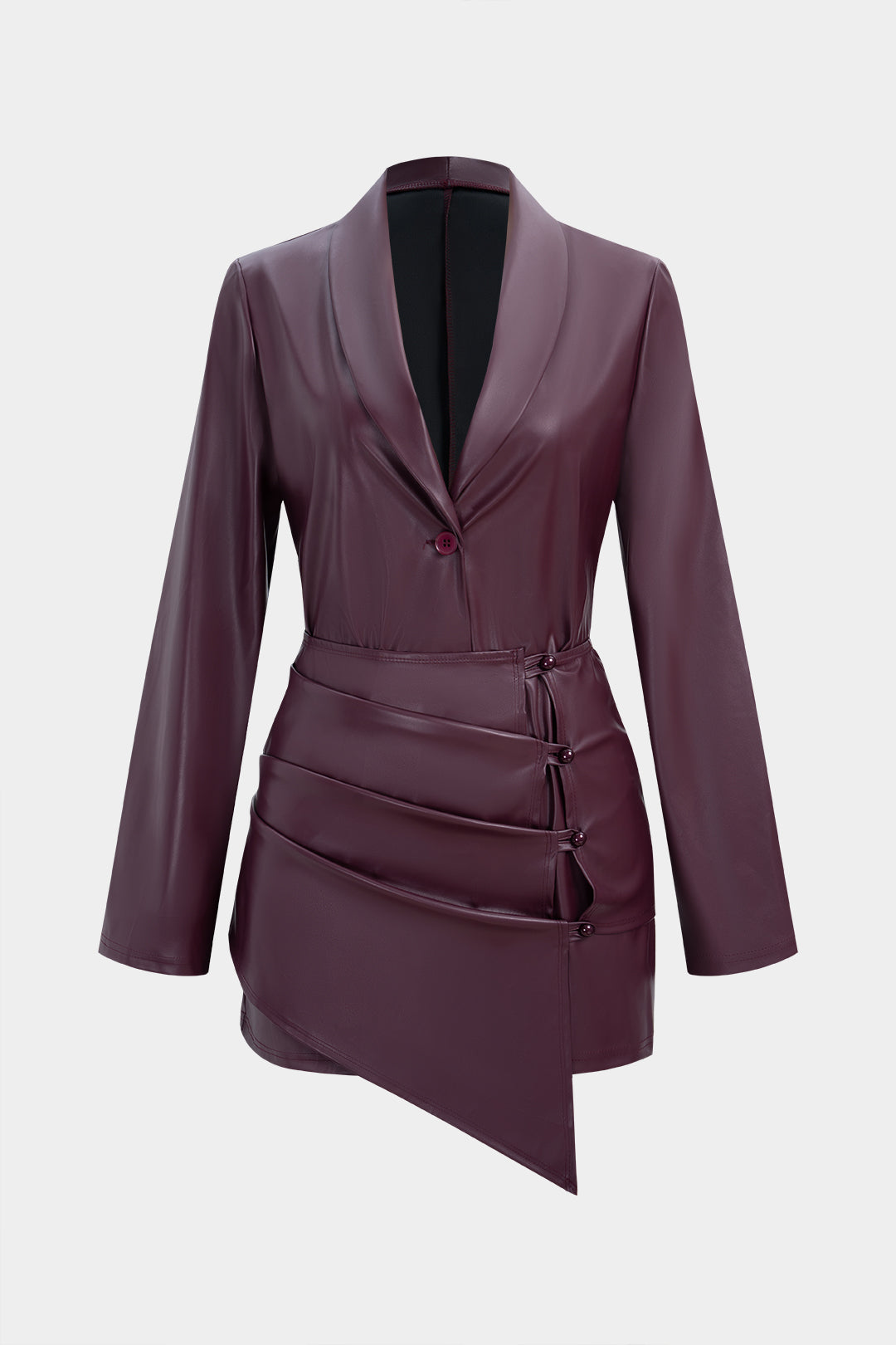 Faux Leather V-Neck Button Long-Sleeve Dress And Irregular Draping Mini Skirt Set
