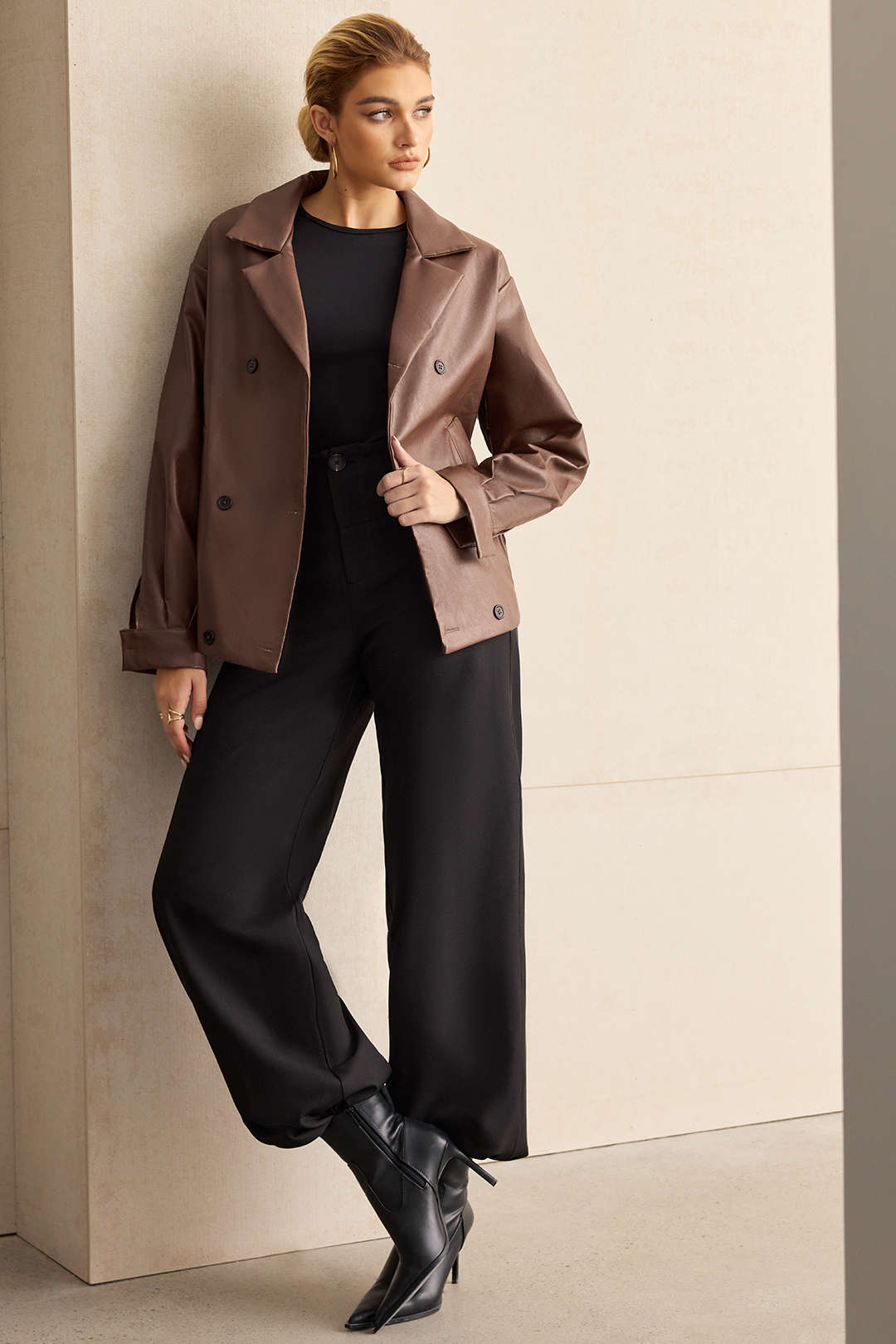 Faux Leather Notched Lapel Blazer