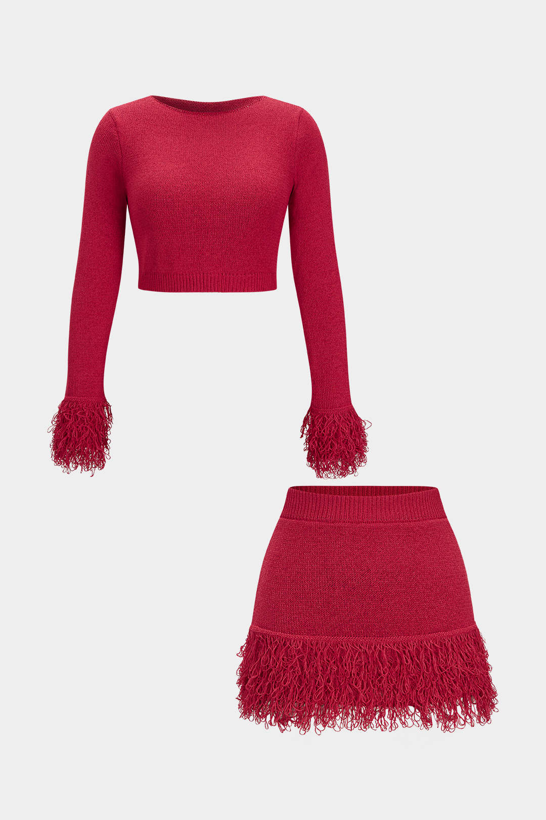 Knit Fringe Long Sleeve Top And Mini Bodycon Skirt Set