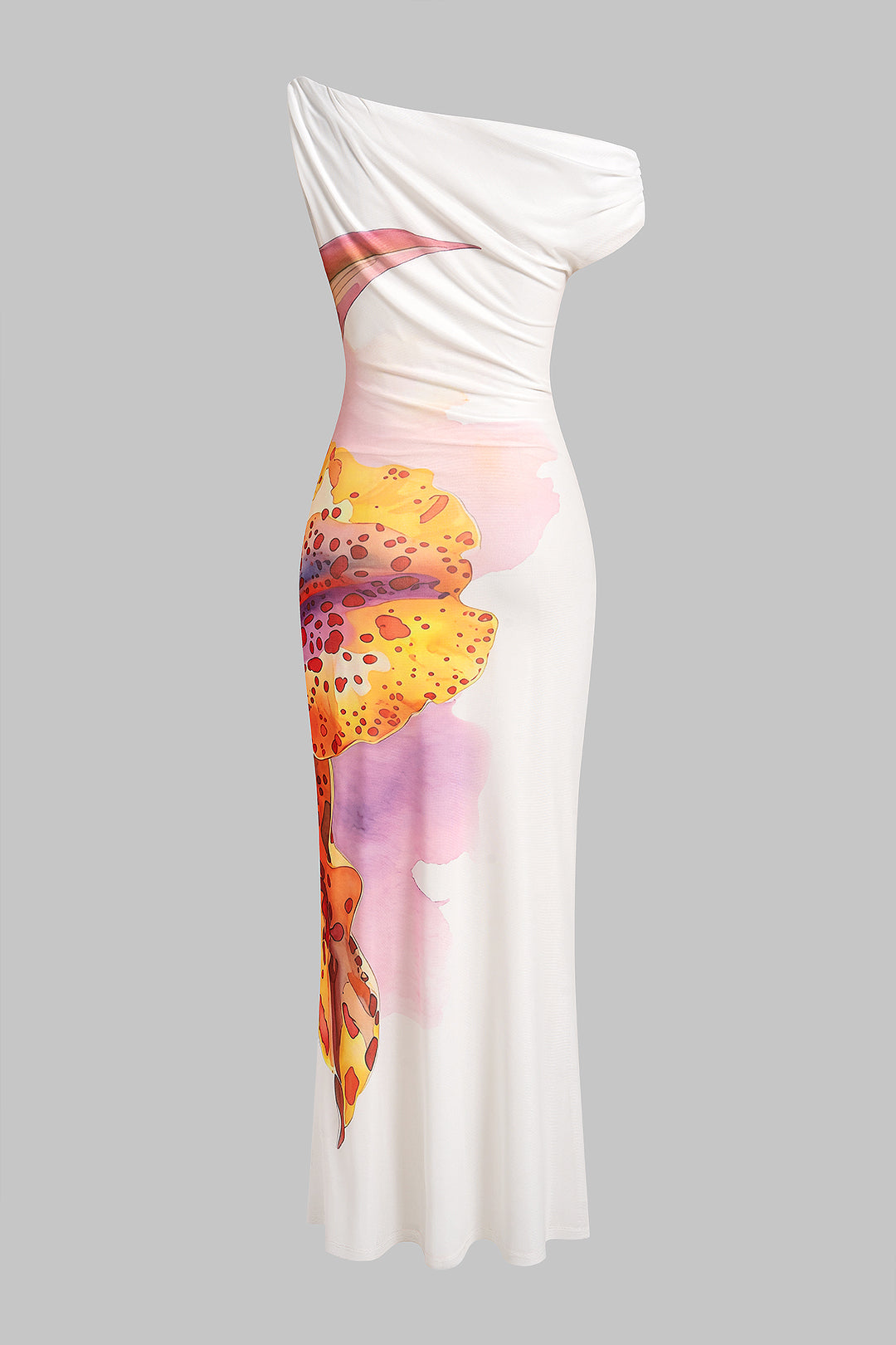 Robe longue sans manches asymétrique froncée à nœud torsadé en maille imprimée florale