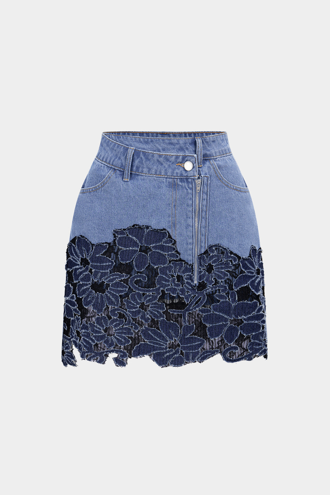 Asymmetrischer Jeans-Patchwork-Rock mit Reißverschluss und Fransen