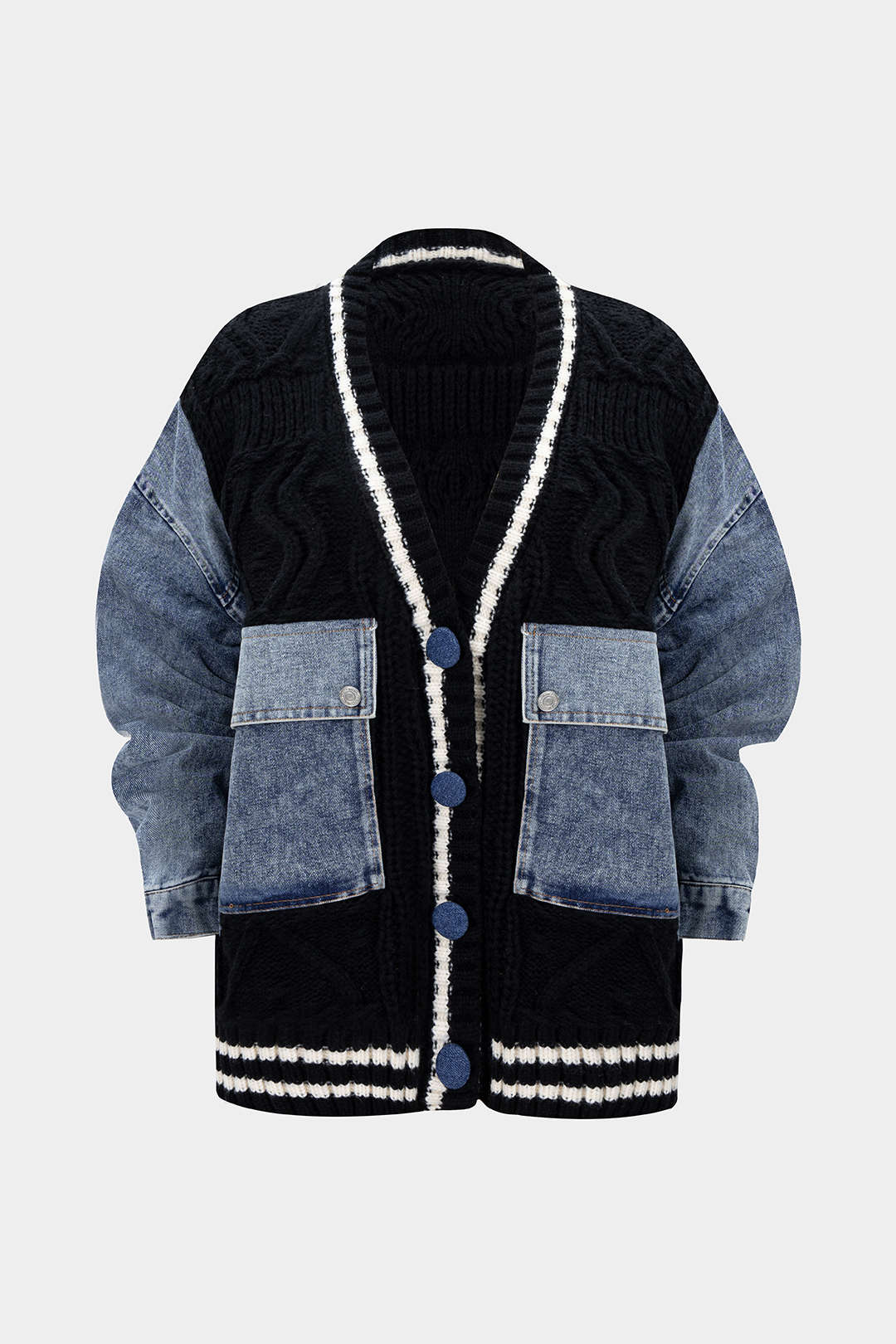Denim-Patchwork-Strickoberbekleidung