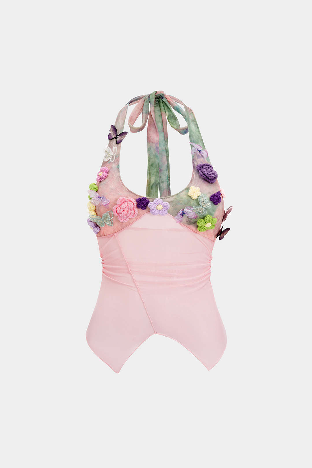 Tie Dye Print Mesh 3D Floral Halter Neck Tie-Up Cami Top