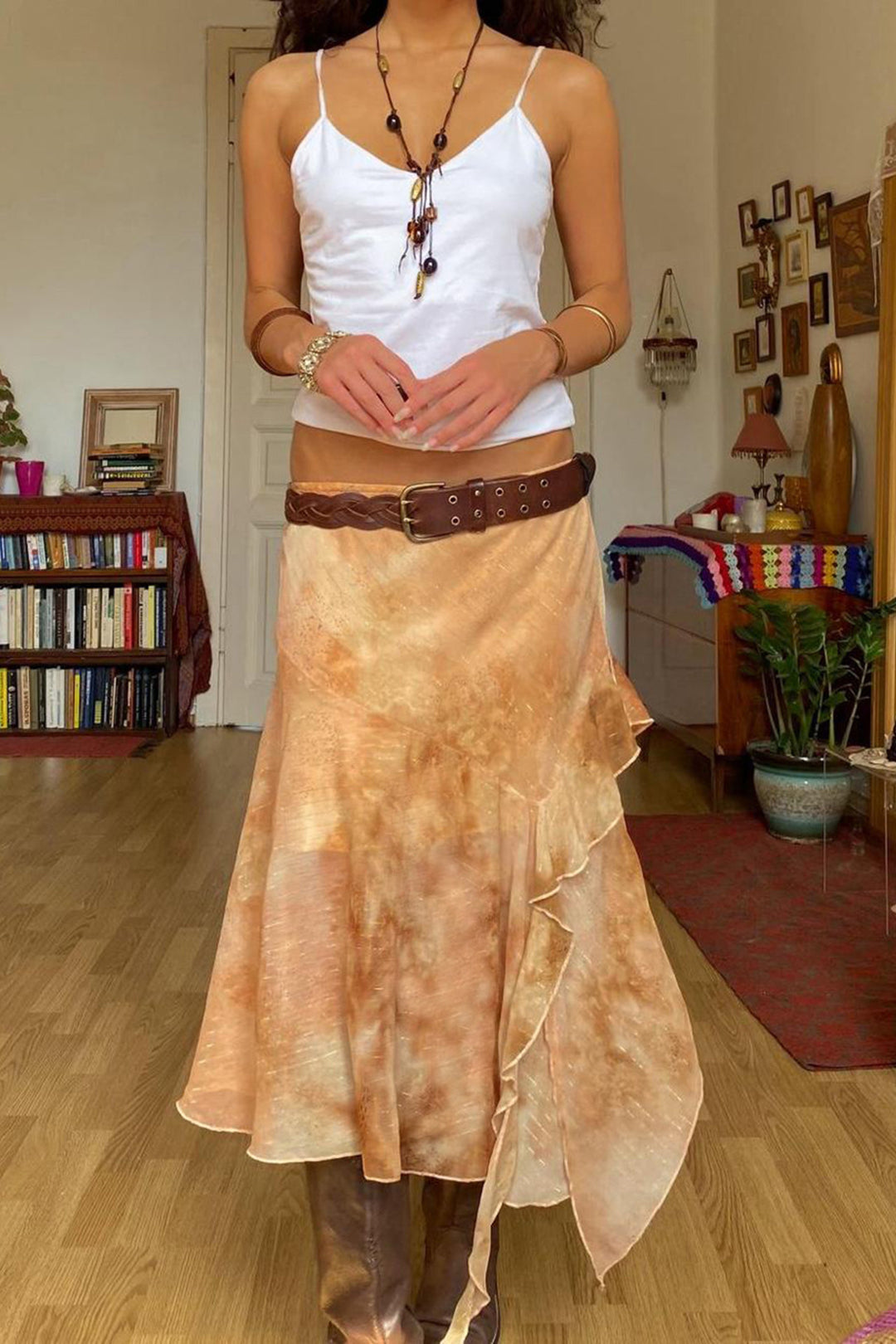 Retro Tie Dye Print Chiffon Asymmetrical Ruffle Ruched Skirt