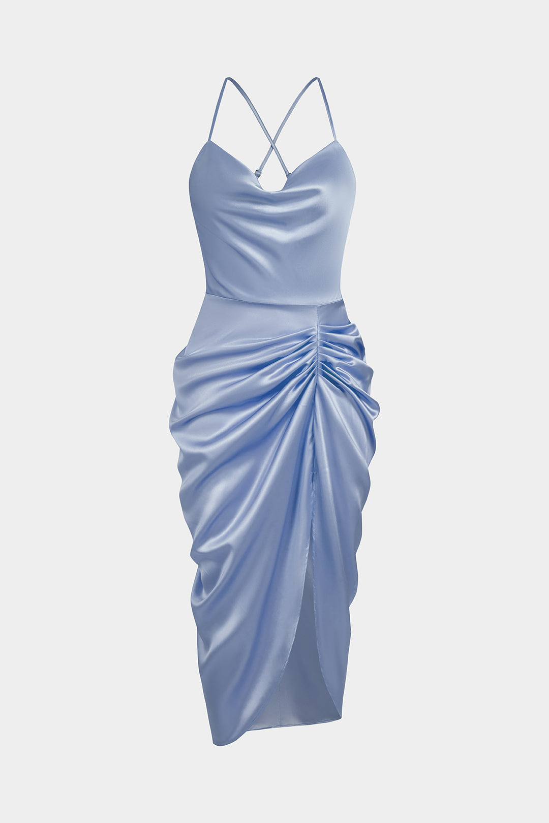 Satin drapiertes ärmelloses Midikleid mit Wasserfallausschnitt