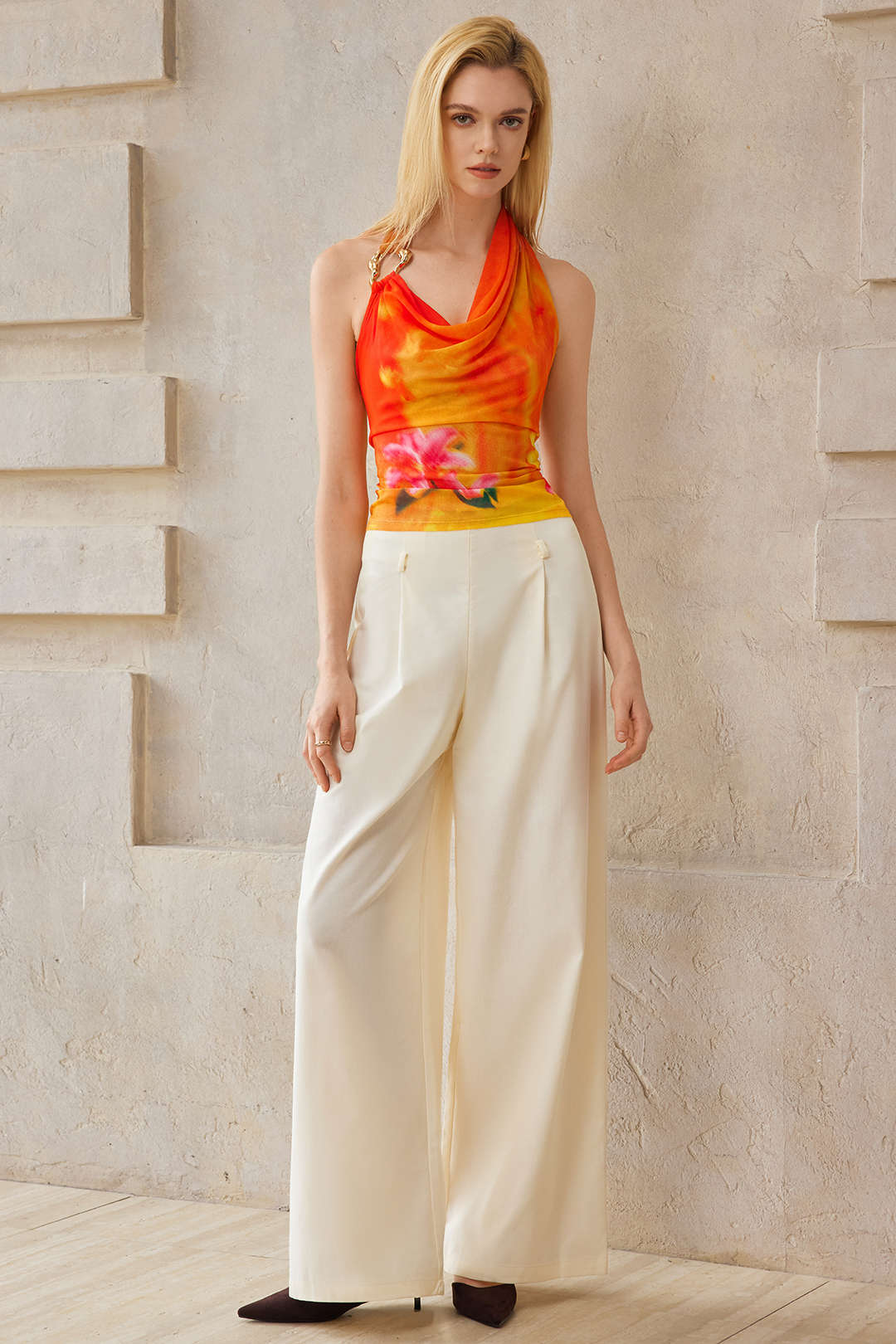 Floral Print Mesh Asymmetrical Ruched Cami Top