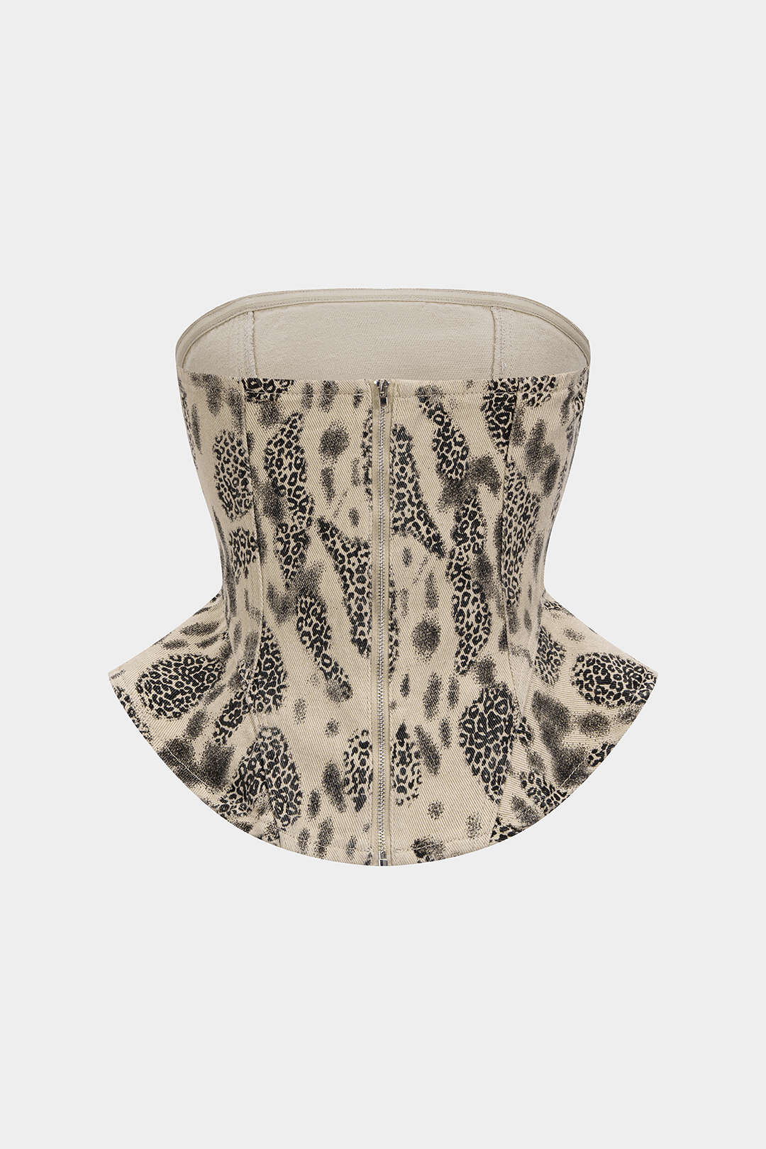 Trägerloses Tube-Top aus Denim mit Leopardenmuster und Reißverschluss