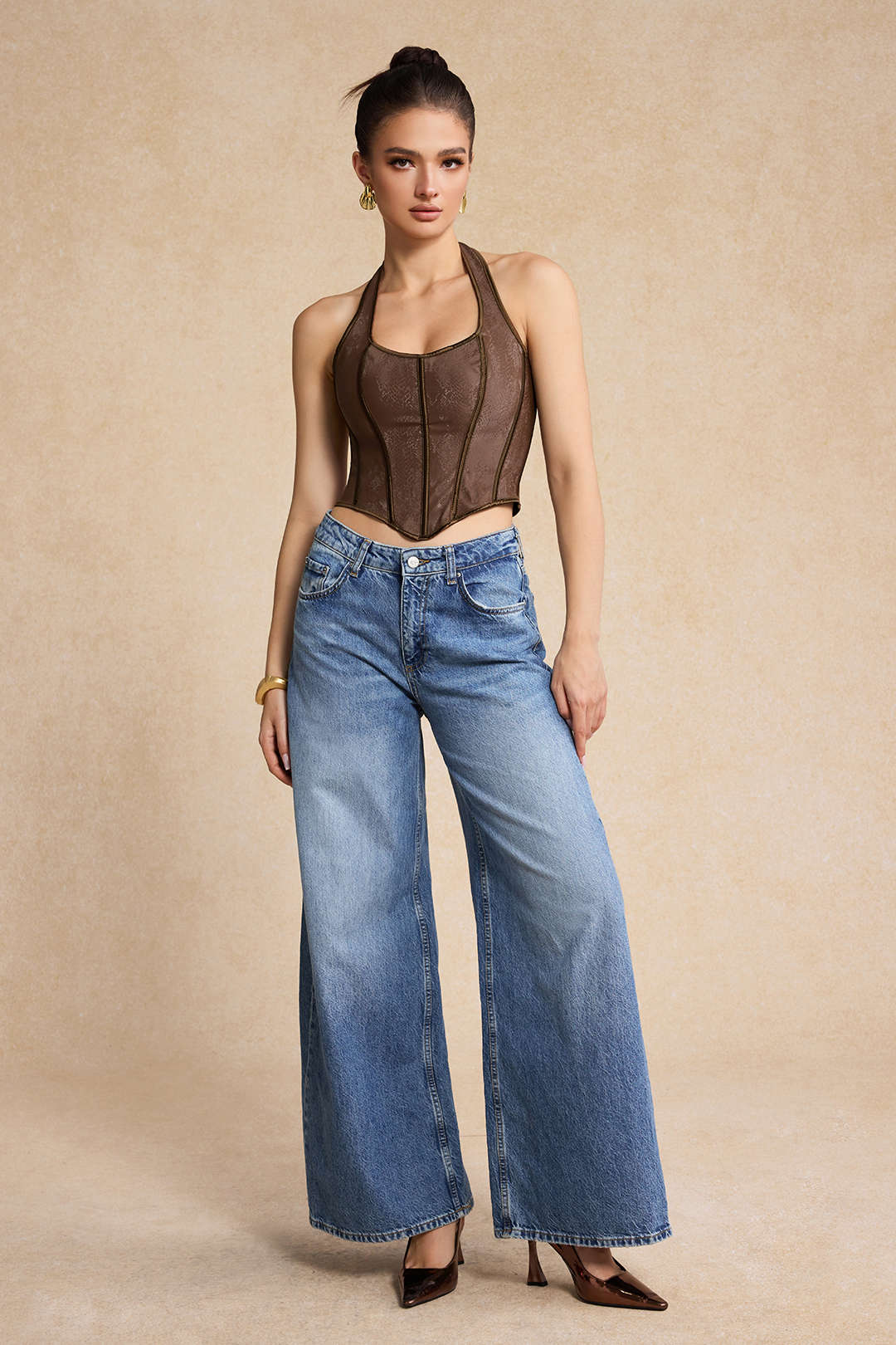 Haut corset bustier en similicuir imprimé serpent à nouer
