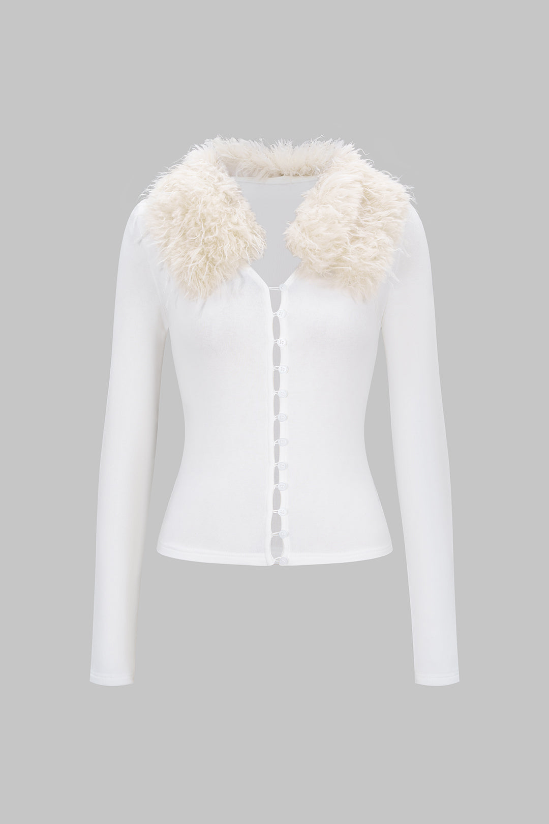 Knit Faux Fur Button Long-Sleeve Top
