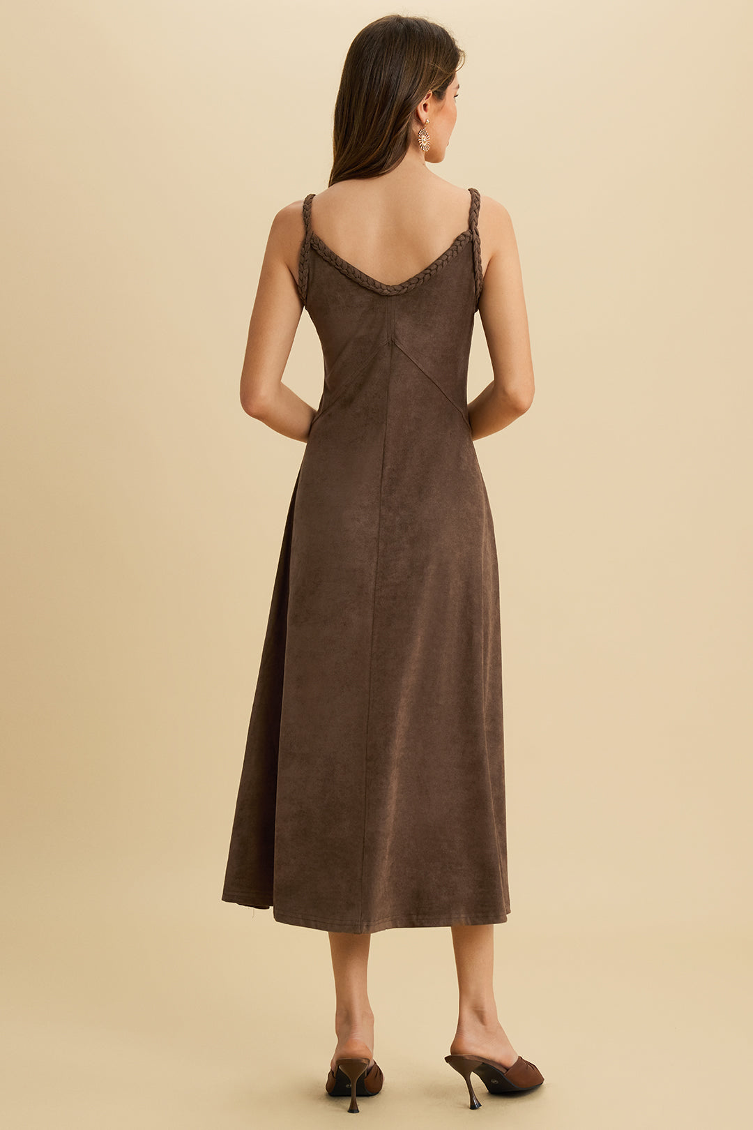 Suede Twist Knot Ruched Sleeveless Midi Dress