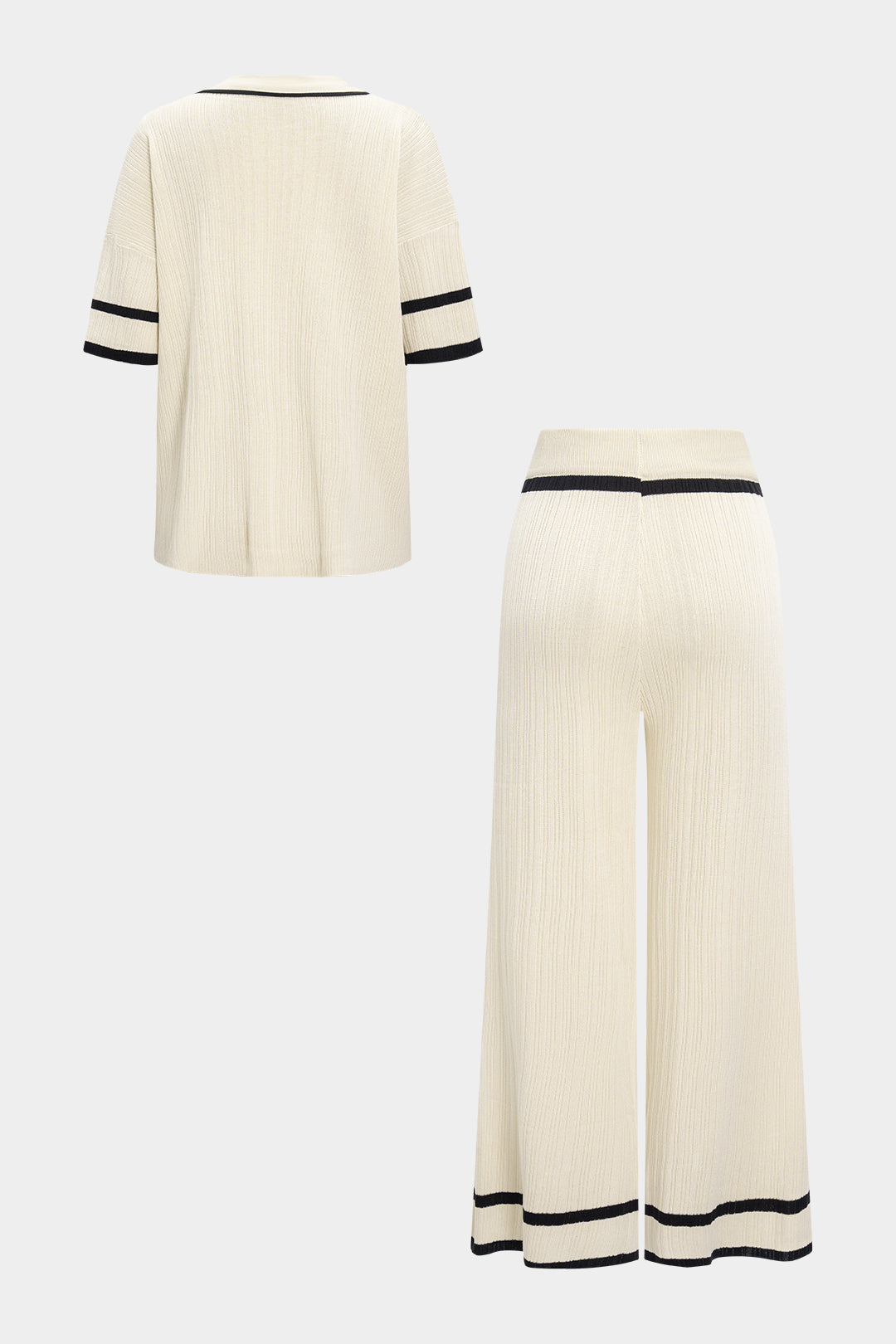 Strick-Set mit paspeliertem Revers, Kurzarm-Top und weiter Hose