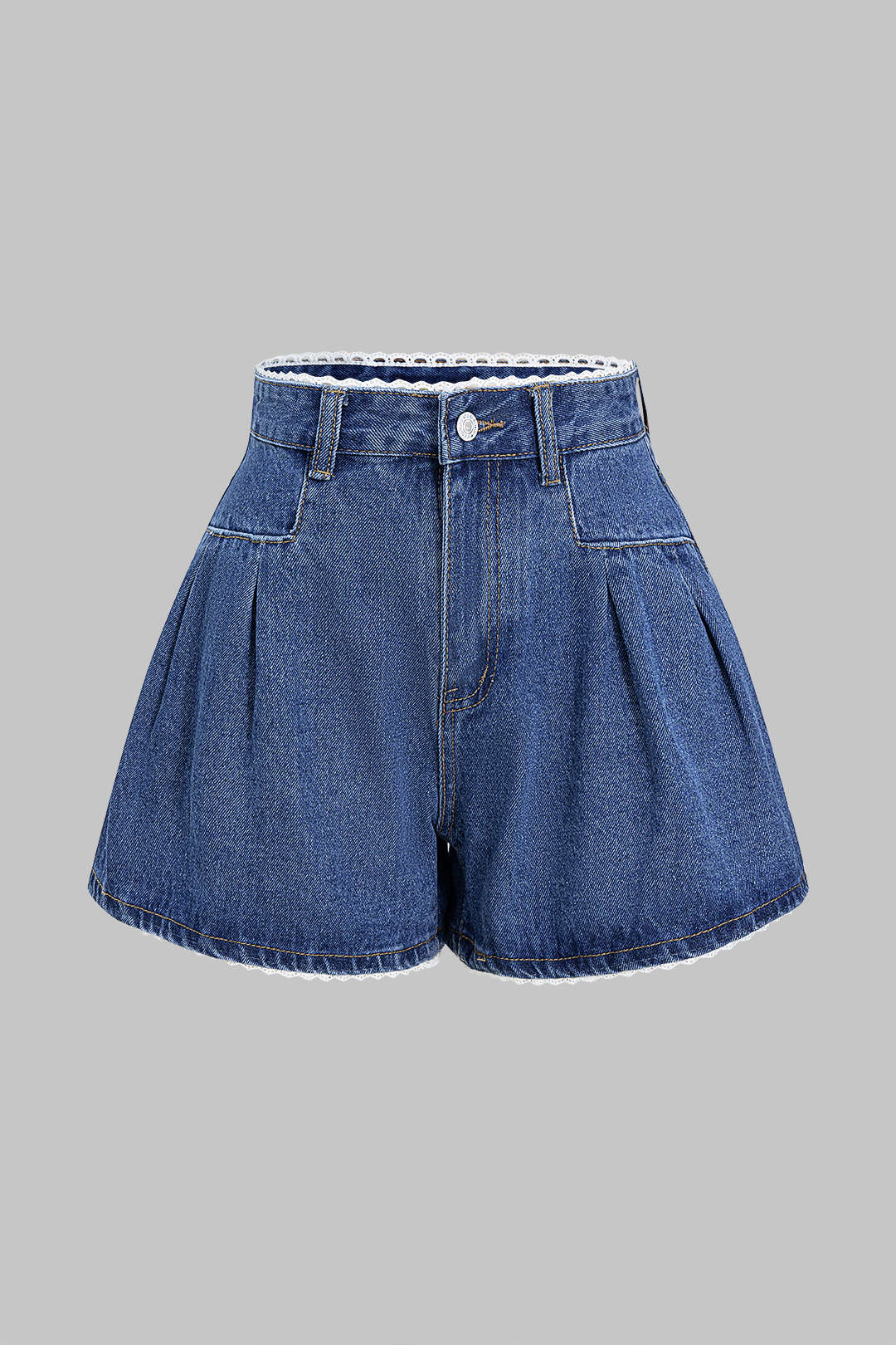 Denim-Patchwork-Shorts mit Schnürung, Raffung, hoher Taille und weitem Bein