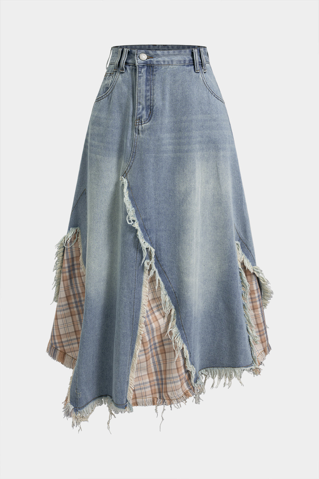 Jupe asymétrique déchirée en patchwork de denim à imprimé carreaux
