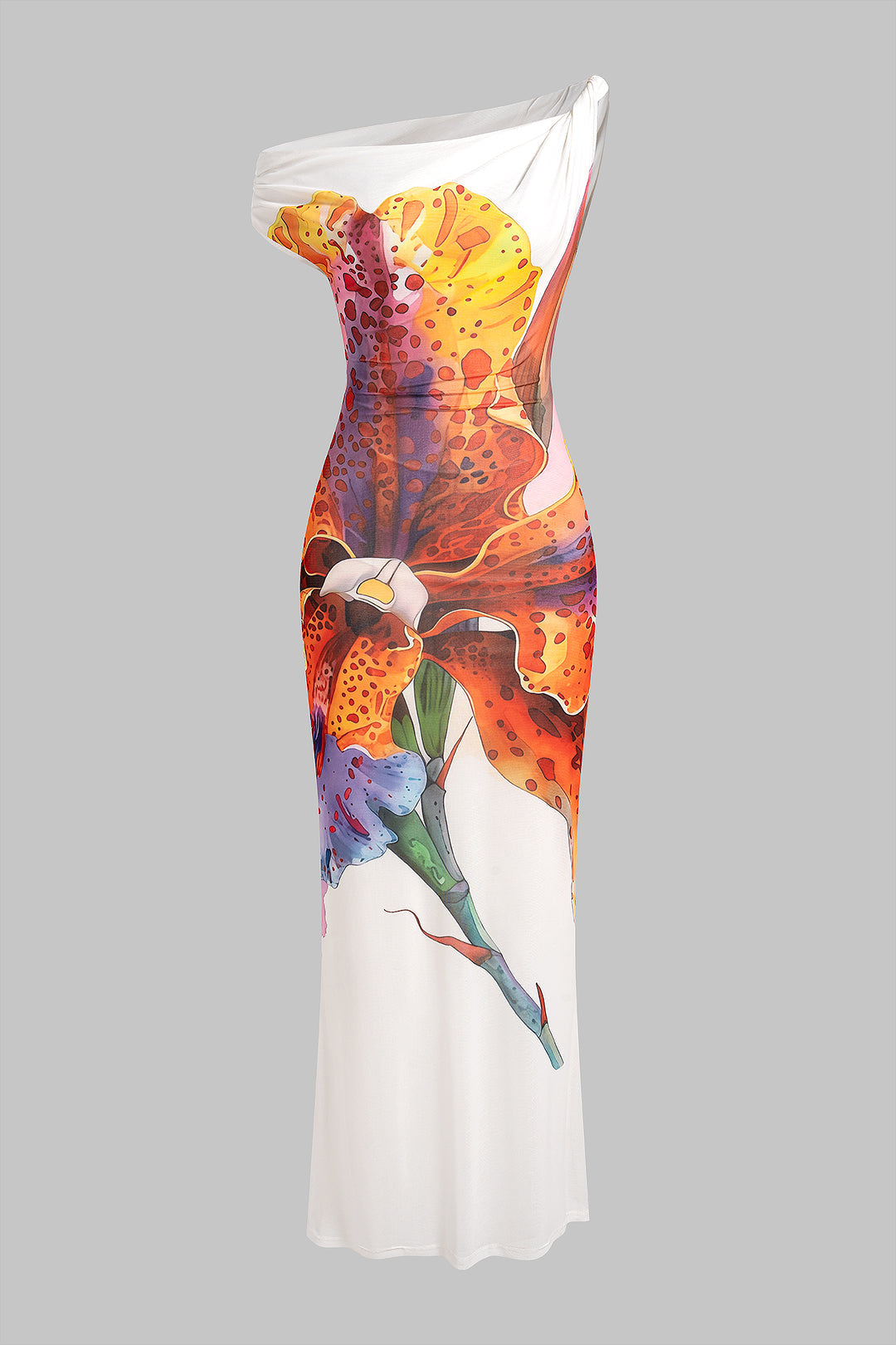 Robe longue sans manches asymétrique froncée à nœud torsadé en maille imprimée florale